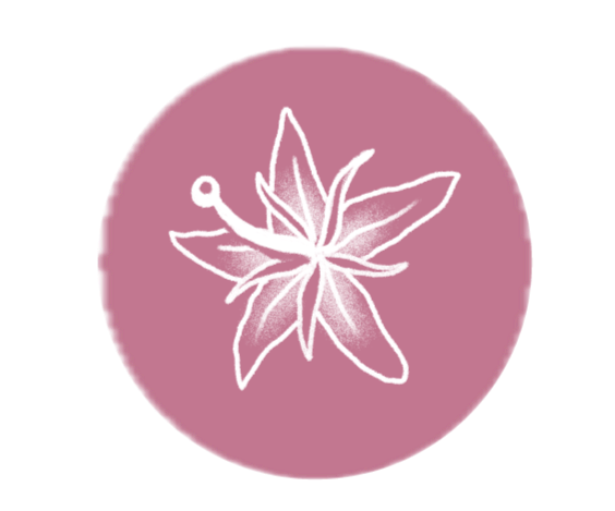 Pink circular logo with a white line drawing of a lily flower in the center.