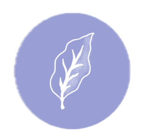 A logo with a stylized leaf outline inside a purple circle.