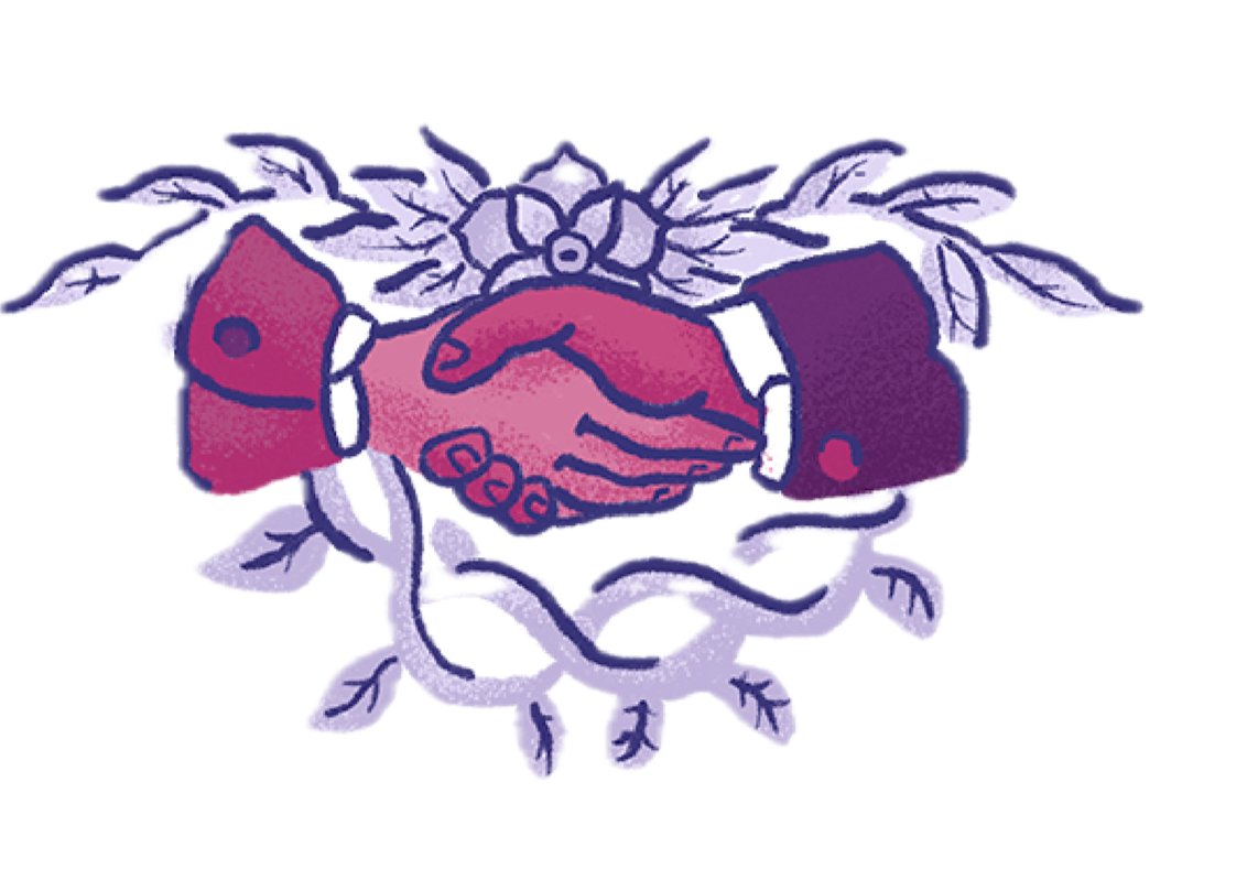 Illustration of two hands shaking, surrounded by olive branches, with a red heart at the center, symbolizing peace and unity.