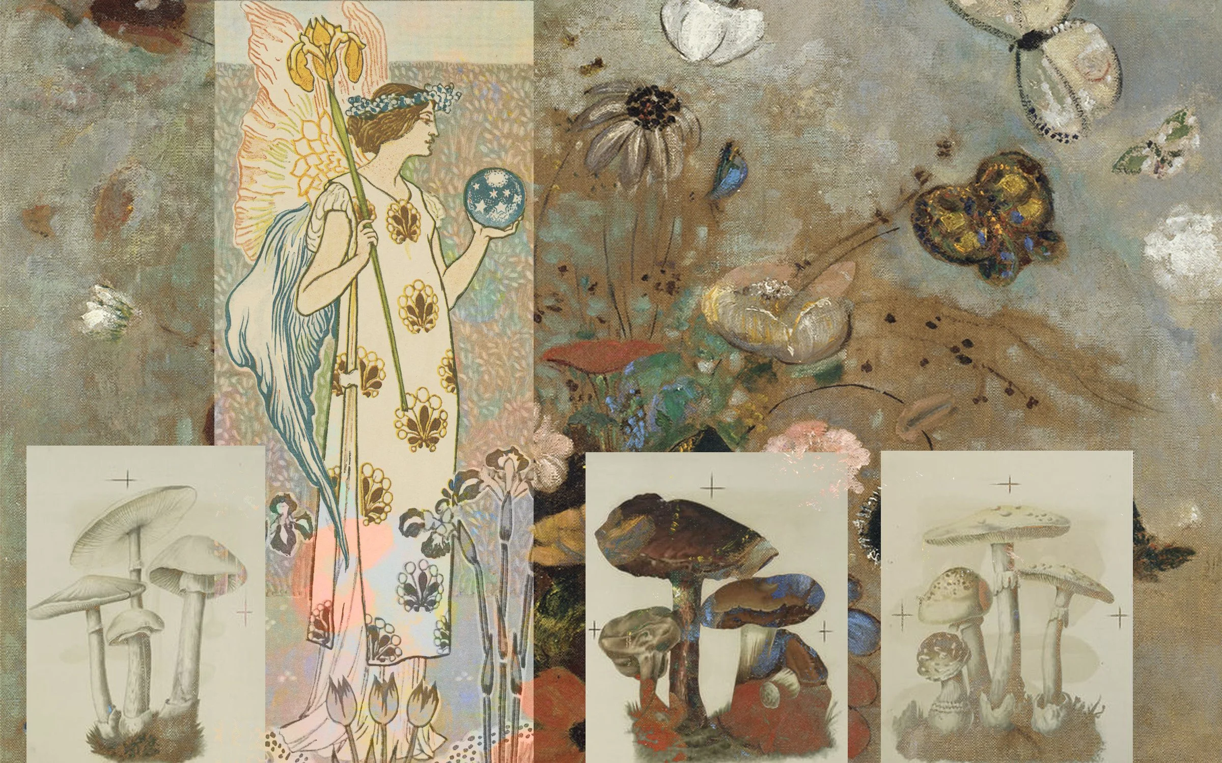 A collage of art that includes a mythological figure, mushrooms, and various botanical and whimsical elements.