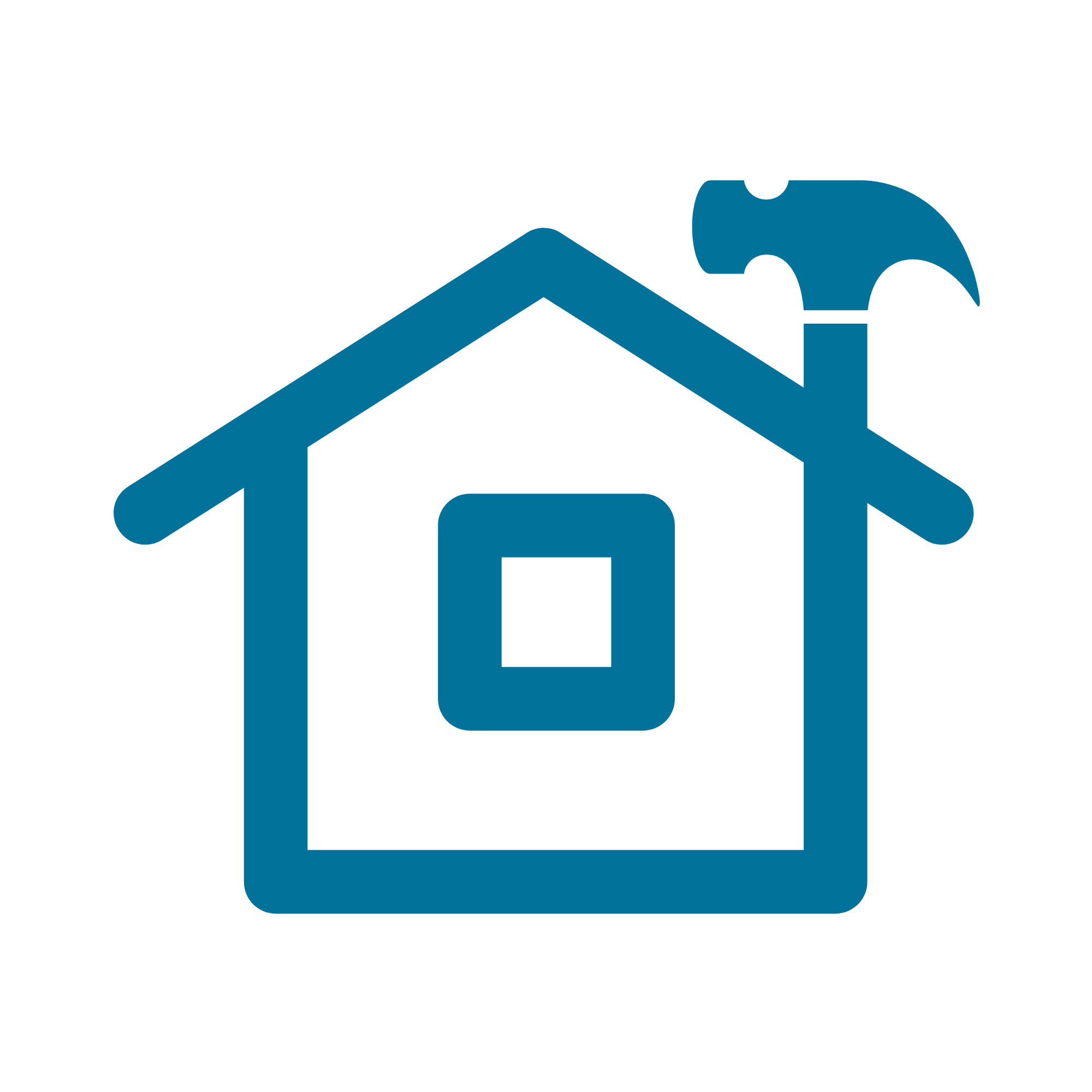 Blue outline house with a magnifying glass and a document icon.