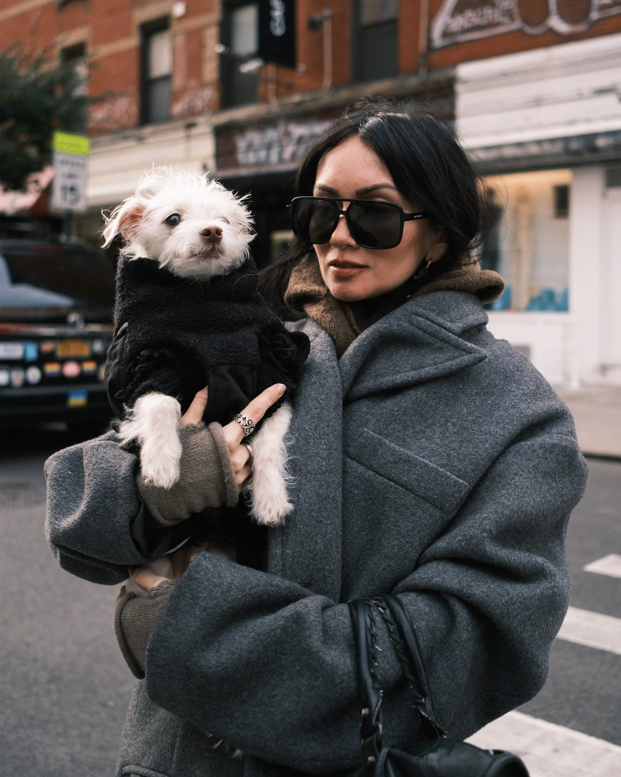 A woman with black hair, wearing sunglasses and a gray coat, holding a small white puppy in a black sweater, outdoors in an urban setting.