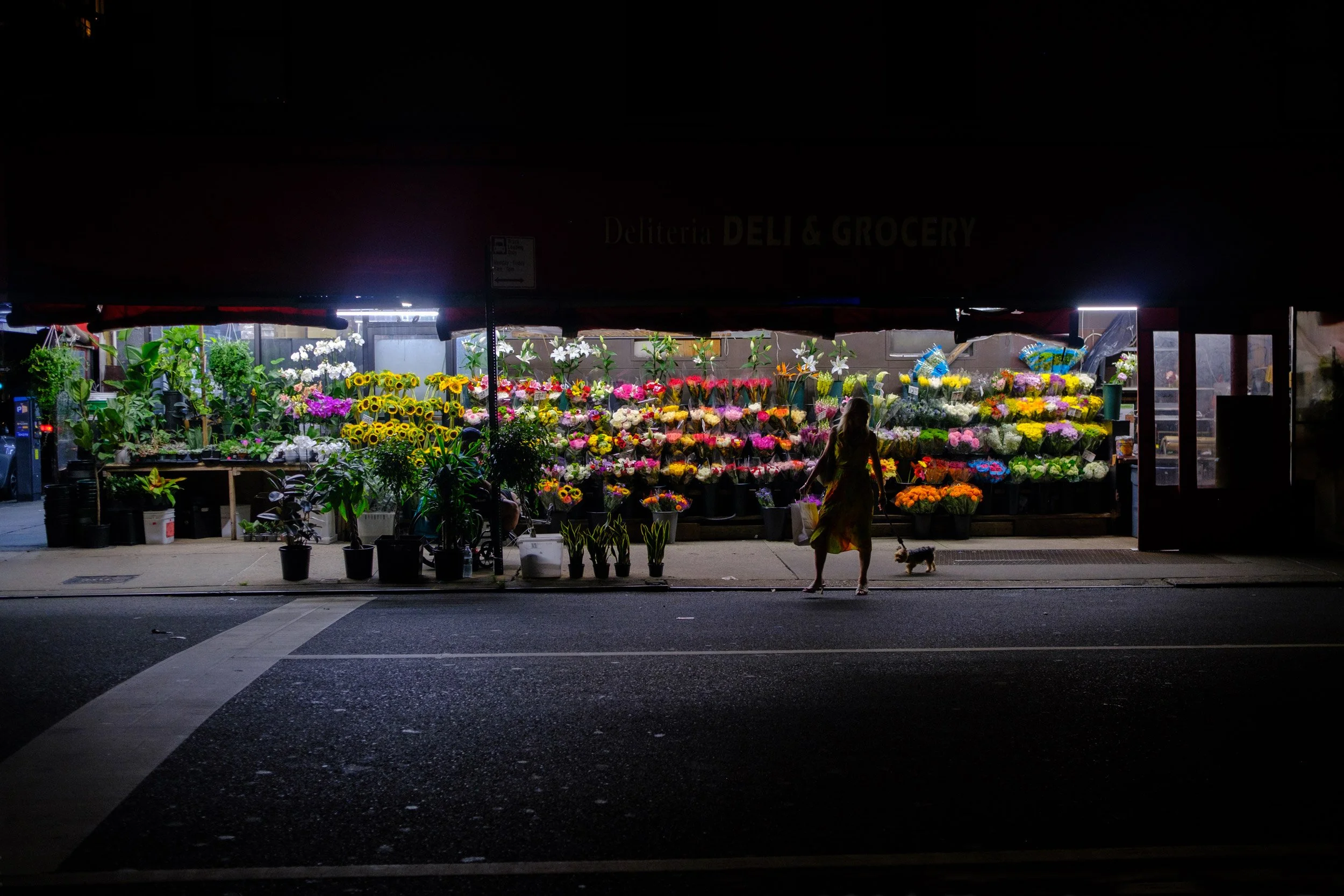 Nighttime view of a flower stand outside a grocery store with colorful flowers and plants. A woman with a small dog walks past the stand on the sidewalk.