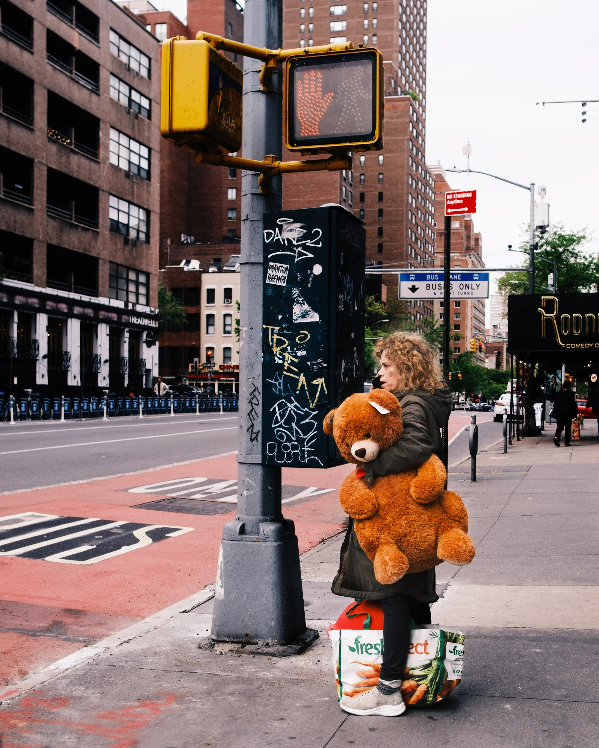 A woman standing on a city sidewalk next to a street corner waiting at a pedestrian crosswalk with a red hand signal. She is holding a large teddy bear and has shopping bags at her feet. The background shows tall brick buildings, street signs, and a 