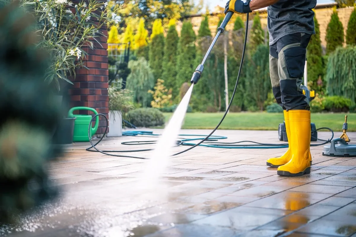 Person wearing yellow rain boots pressure washing a patio with greenery and trees in the background.