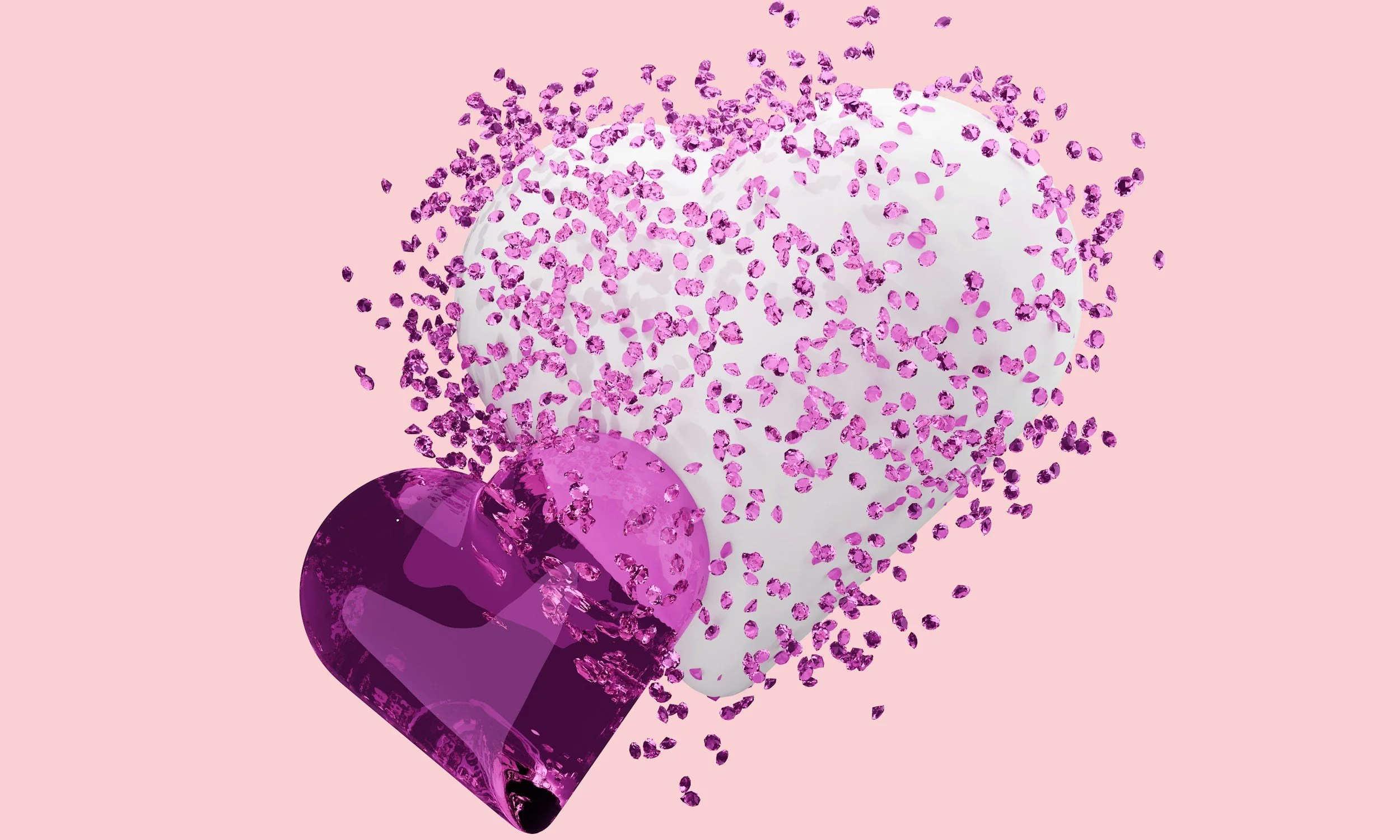 A shiny purple heart with a glossy surface, positioned in the lower left, with pink and white cone-shaped objects decorated with pink glittery sprinkles, against a pink background.