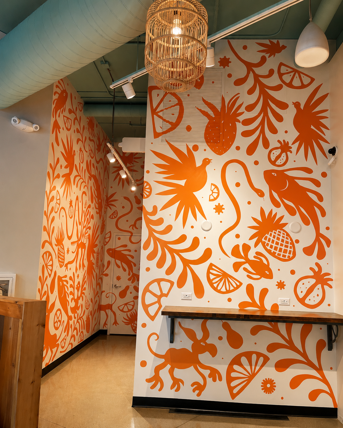 Vibrant mural corridor in modern cafe.png