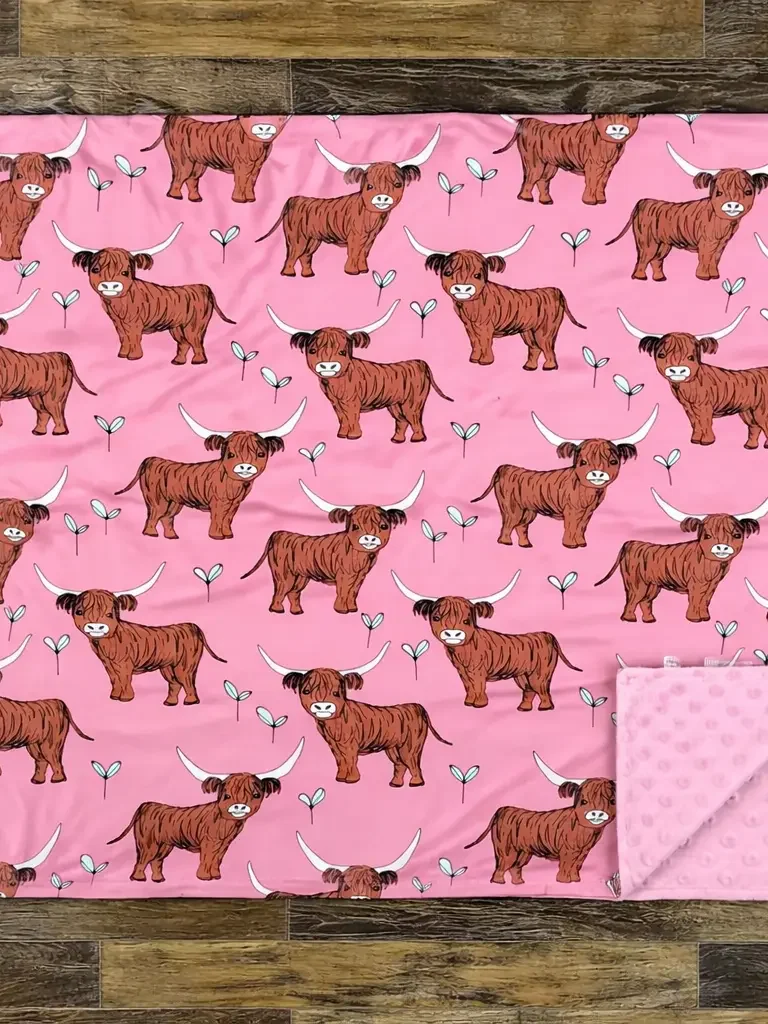 Little Bugz Boutique - Wholesale Bedding Blanket - Kids & Baby - Pink Highland Cow Minky Blanket (Milk Silk Material) Pink Highland Cow Minky Blanket (Milk Silk Material)