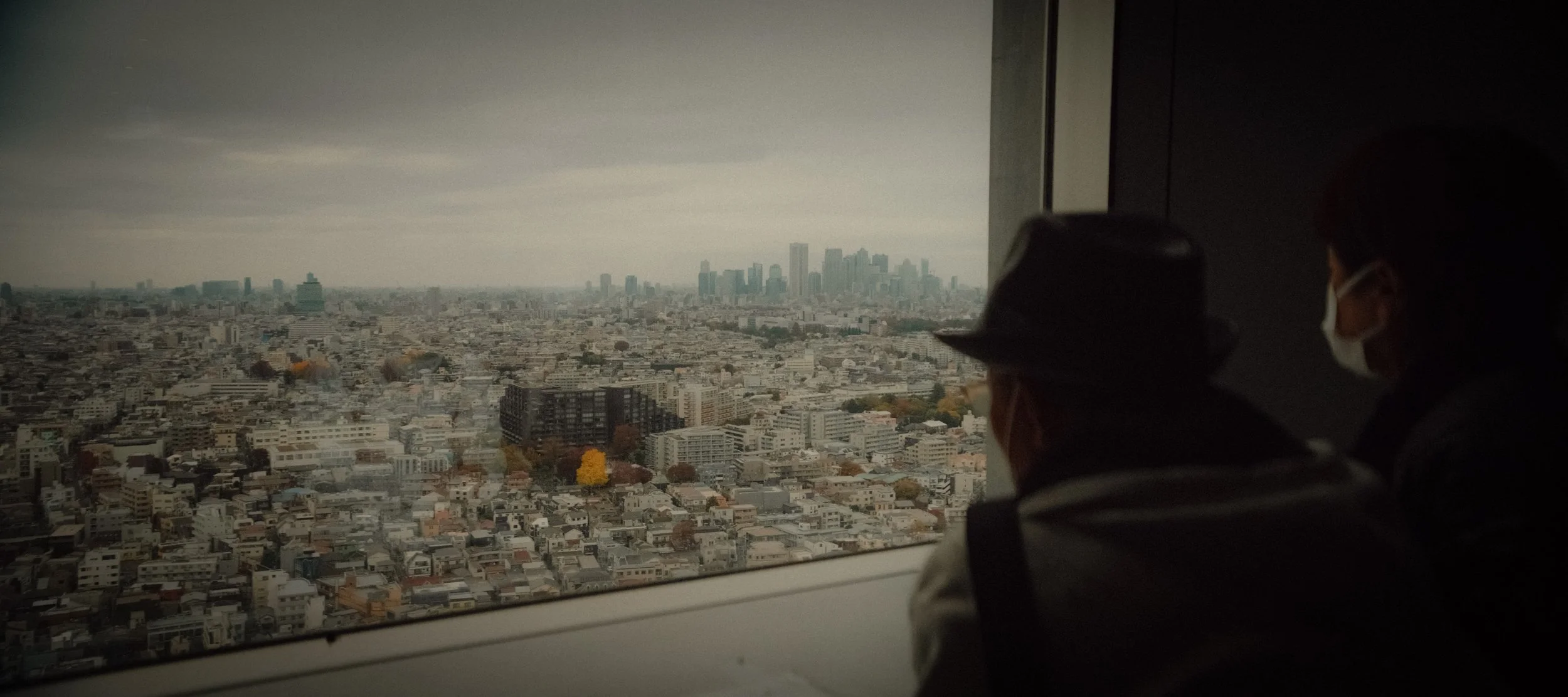 Two people wearing masks and hats looking out a large window at a city skyline on an overcast day.