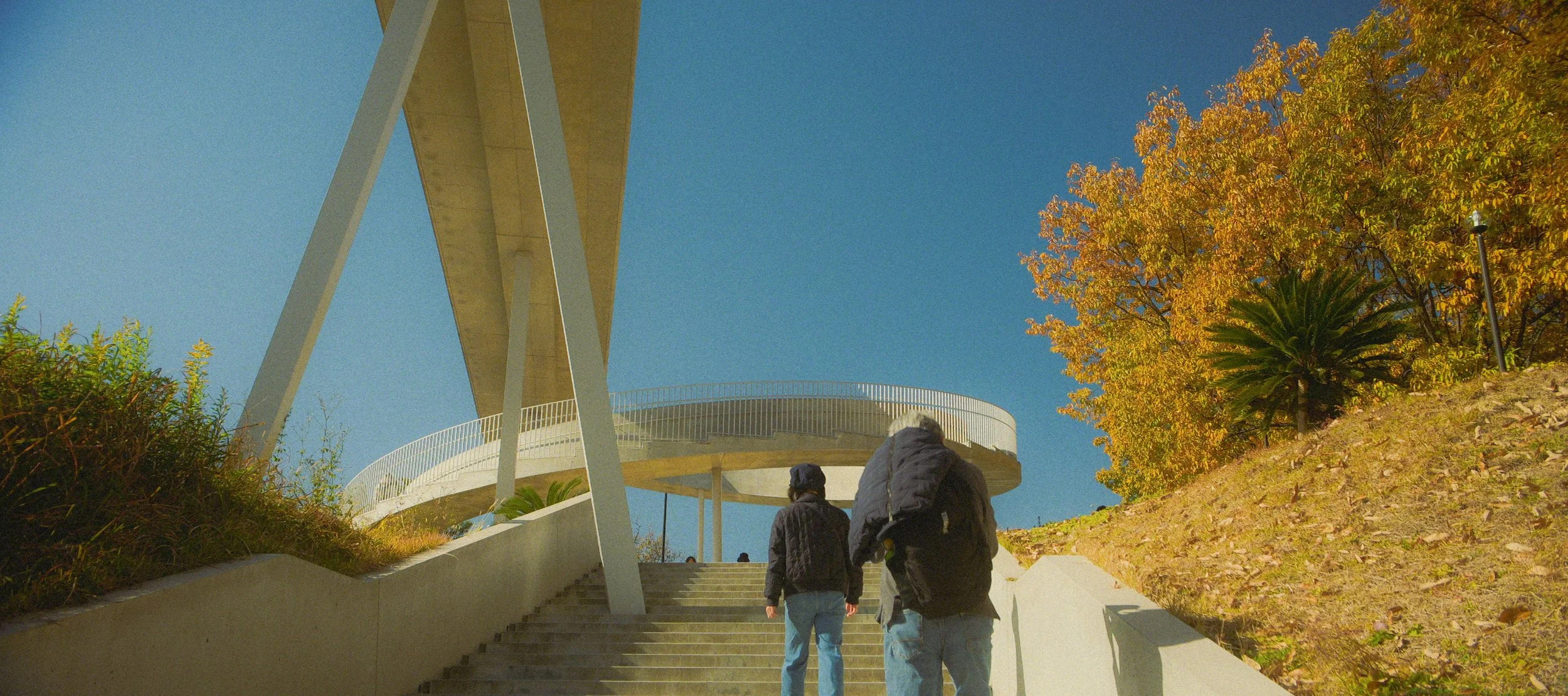 People walking up stairs towards a modern outdoor observation deck with a large concrete overhang, surrounded by autumn trees with yellow and green leaves, under a clear blue sky.