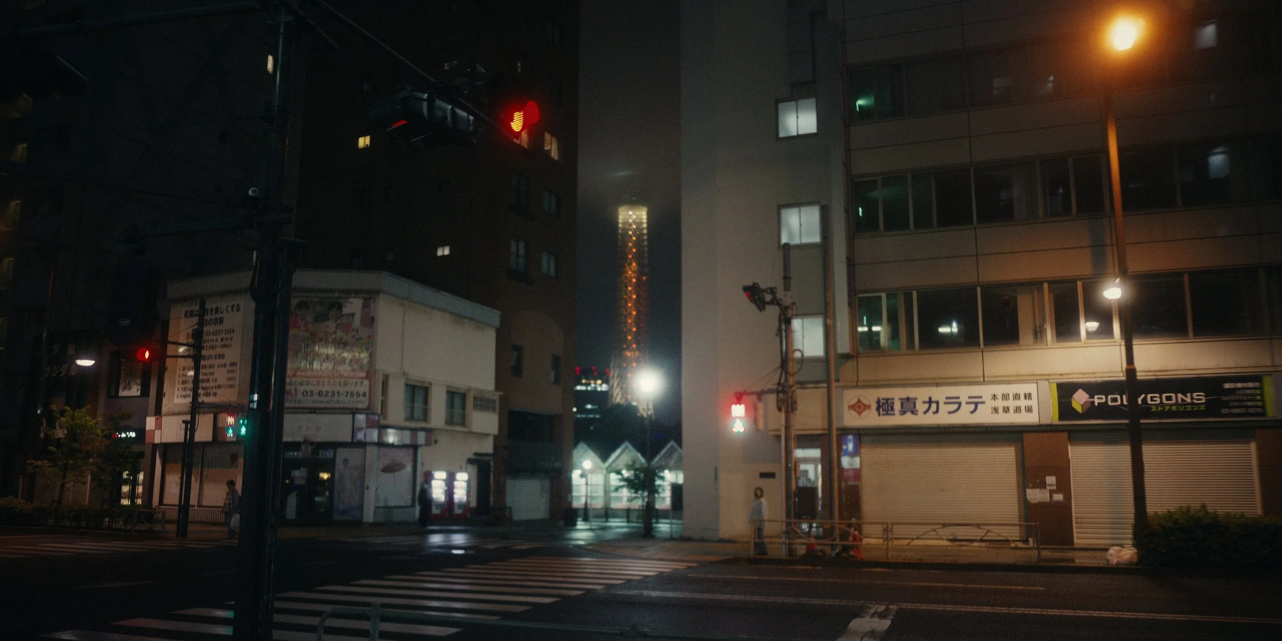 Nighttime city street scene with traffic lights, buildings, and illuminated signs.