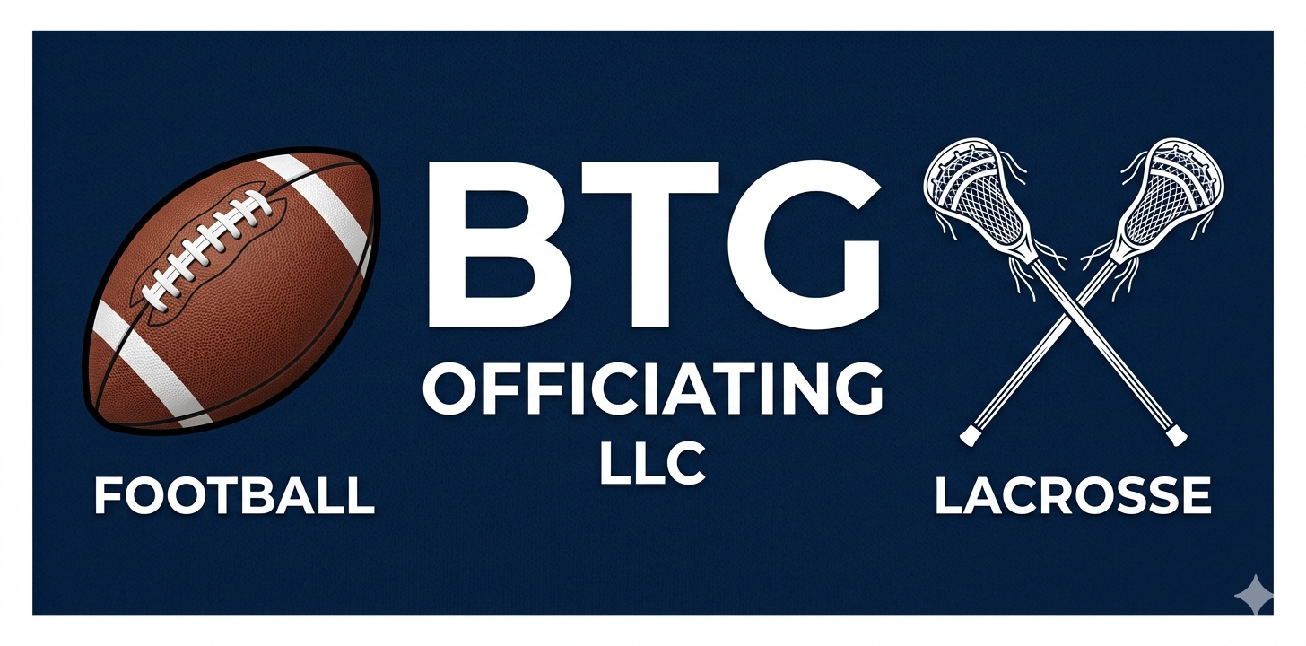 Logo for Big Officiating LLC featuring a football on the left, text in the center, and lacrosse sticks crossing on the right, all on a navy blue background.
