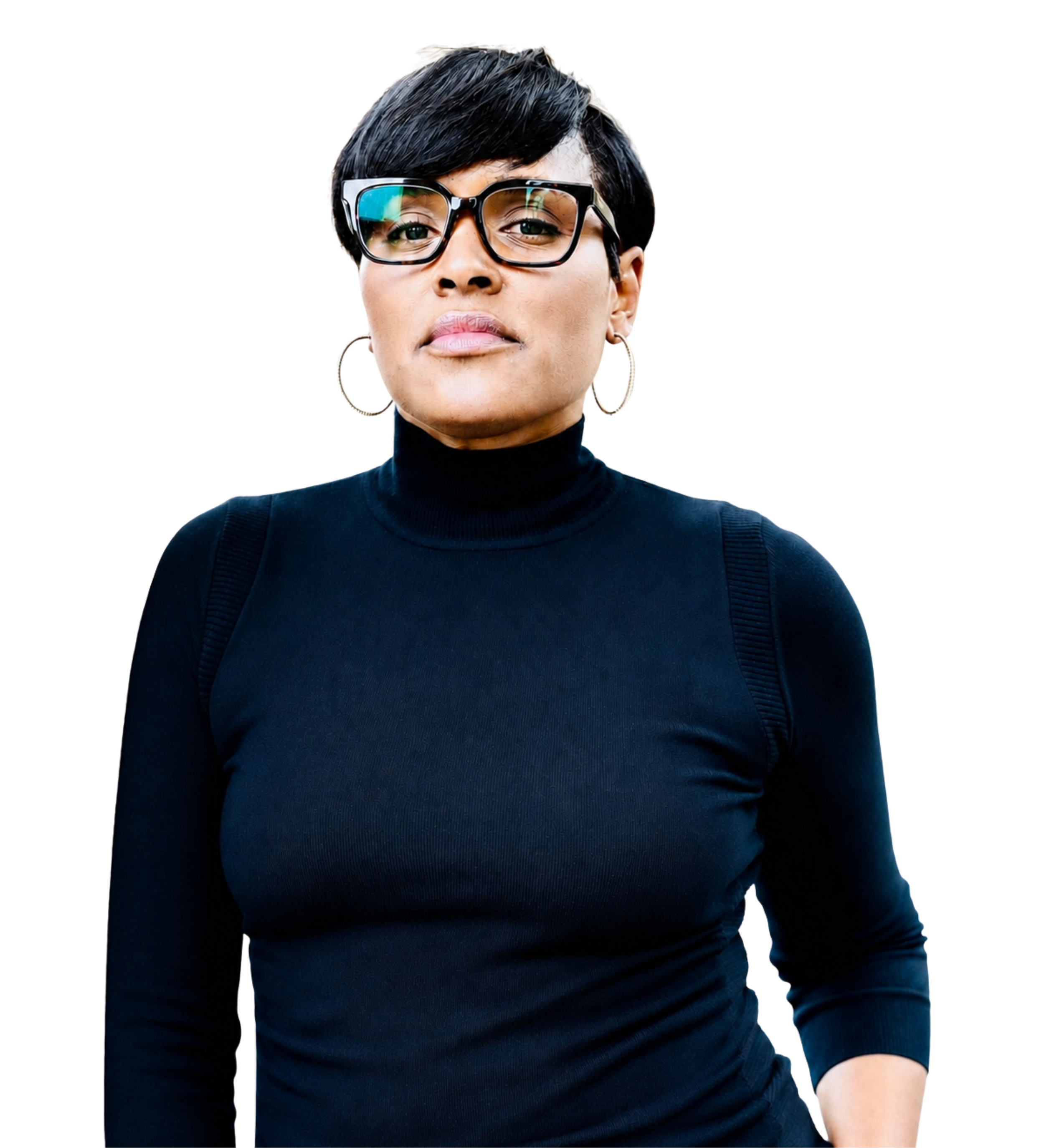 Close-up of a woman with short black hair, wearing glasses, hoop earrings, and a black turtleneck sweater, looking directly at the camera.