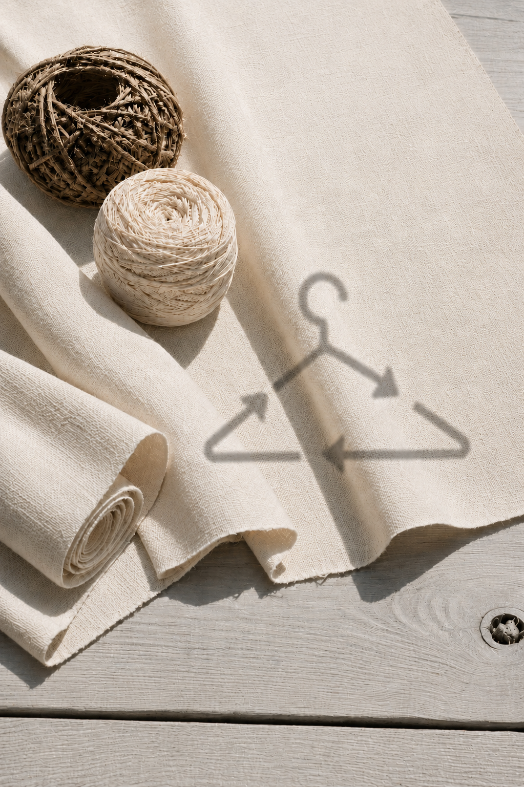 A textured beige fabric, a rolled piece of fabric, a dark brown and a light beige wicker ball, and a shadow of a coat hanger with push pins on a light wooden surface.