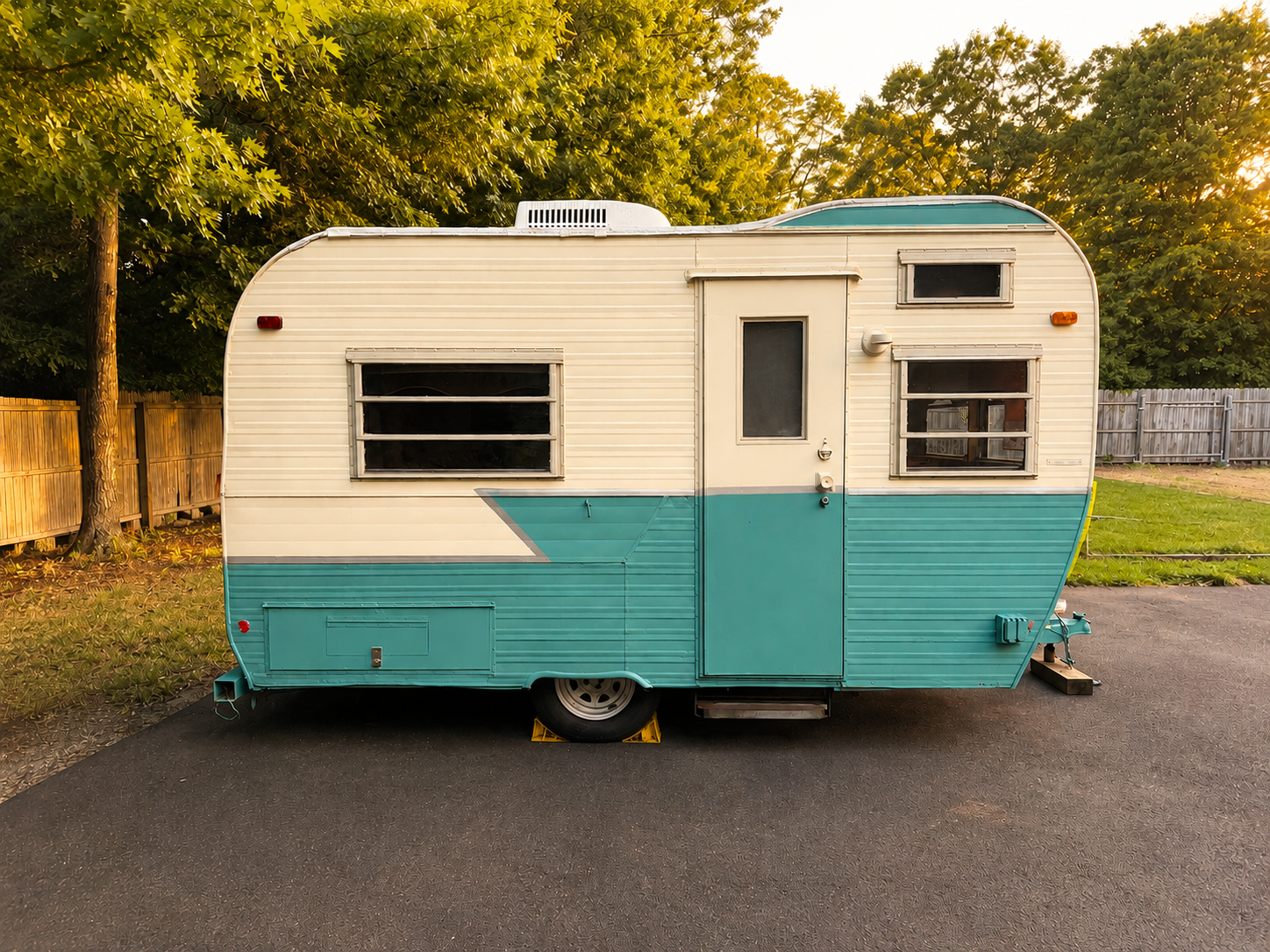 A vintage teal and white camper trailer parked on a paved surface, with trees and a wooden fence in the background.
