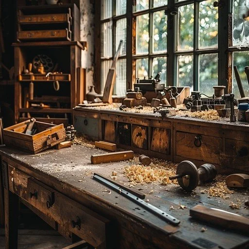 A woodworking workshop with a cluttered workbench, tools, and shavings, illuminated by natural light from large windows.
