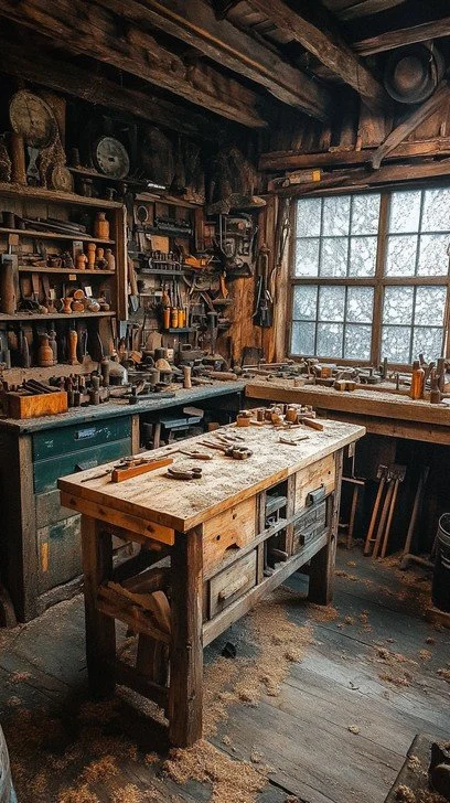 A rustic woodworking workshop with a wooden workbench, shelves filled with woodworking tools and wooden objects, and a large window providing natural light.