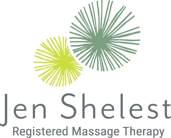 Logo for Jen Shelest, a registered massage therapy business, featuring two stylized fireworks displays in green and yellow above the name and profession.