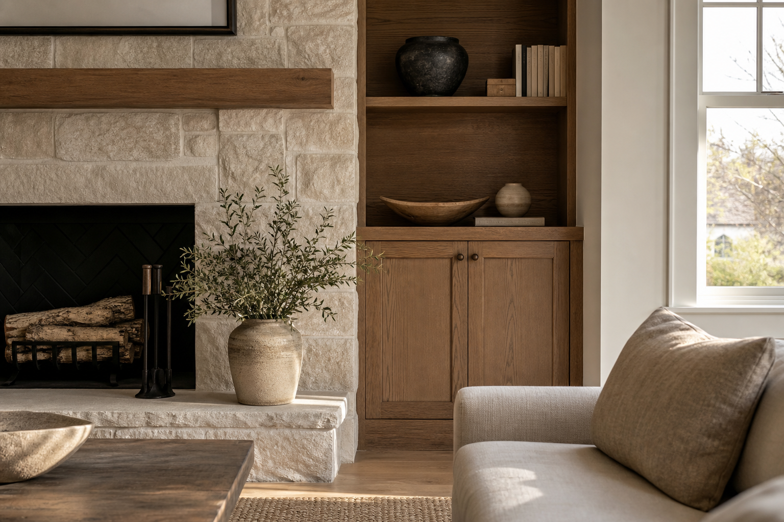 Living room with a stone fireplace, a potted green plant on the hearth, and a built-in wooden cabinet with decorative bowls and books, near a window with trees outside.