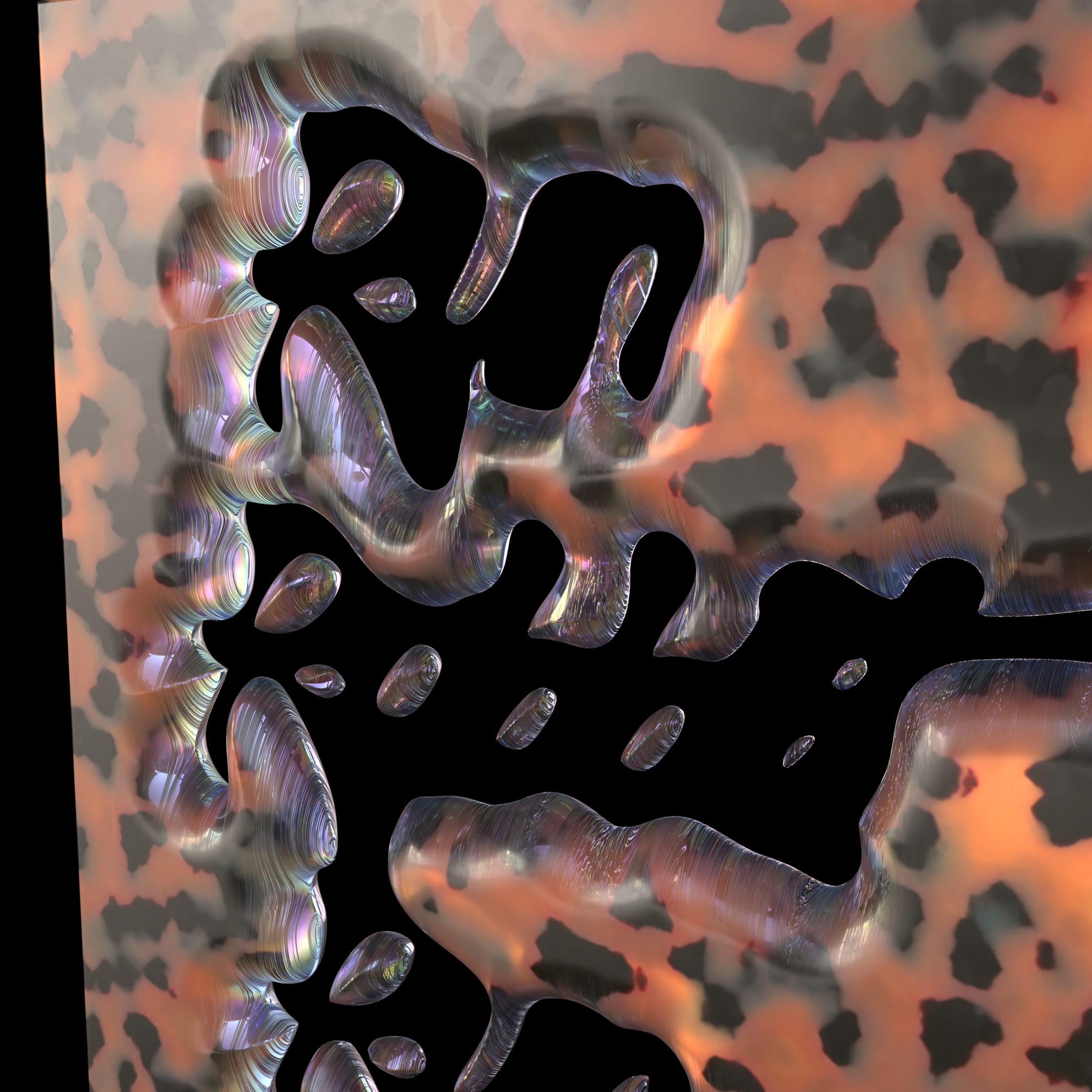 Abstract digital artwork with iridescent, bubble-like shapes over a cloudy orange and gray background.