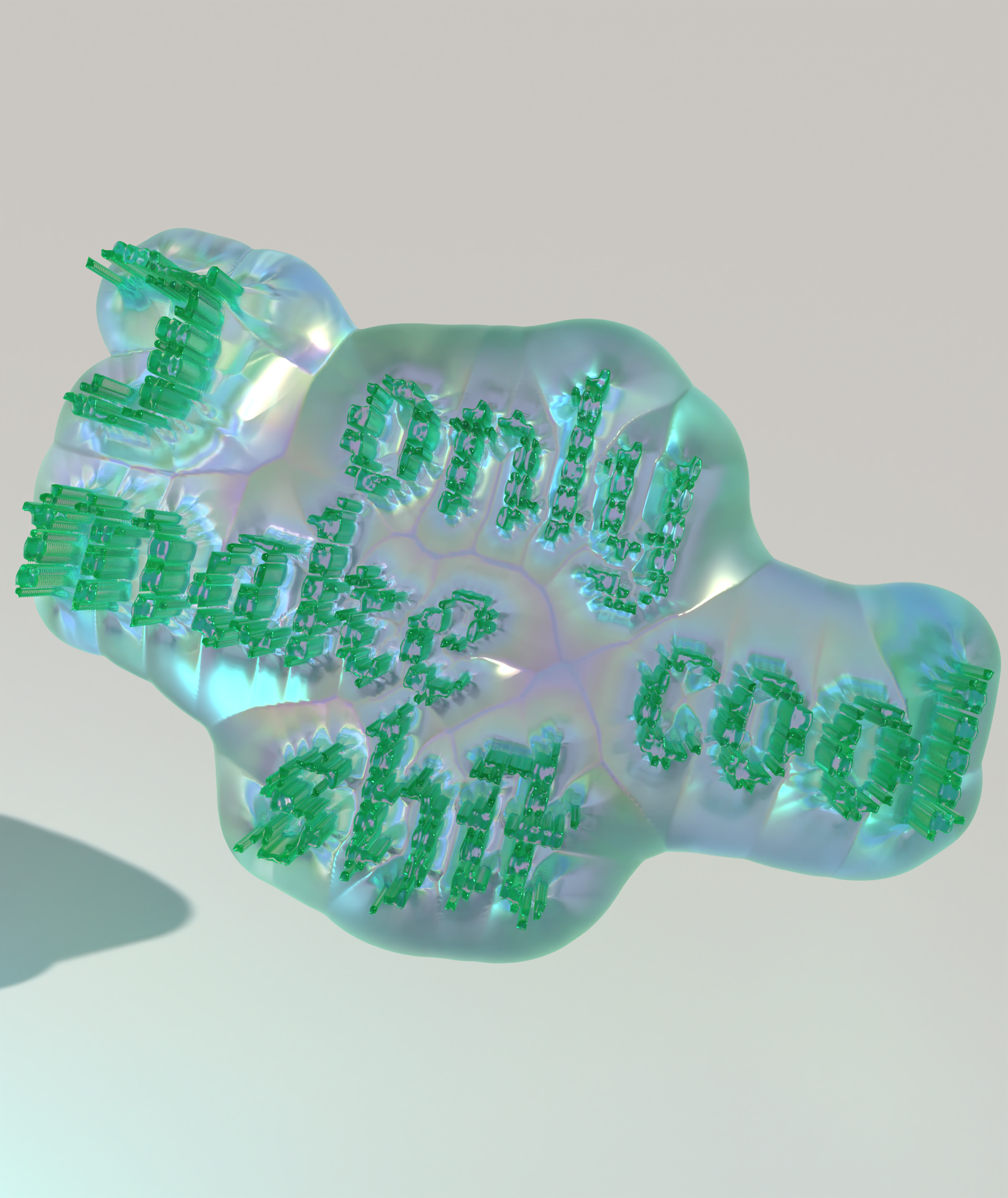Abstract image of a translucent, light-colored, organic form with scattered small green objects resembling syringes or tiny tools, set against a plain white background.