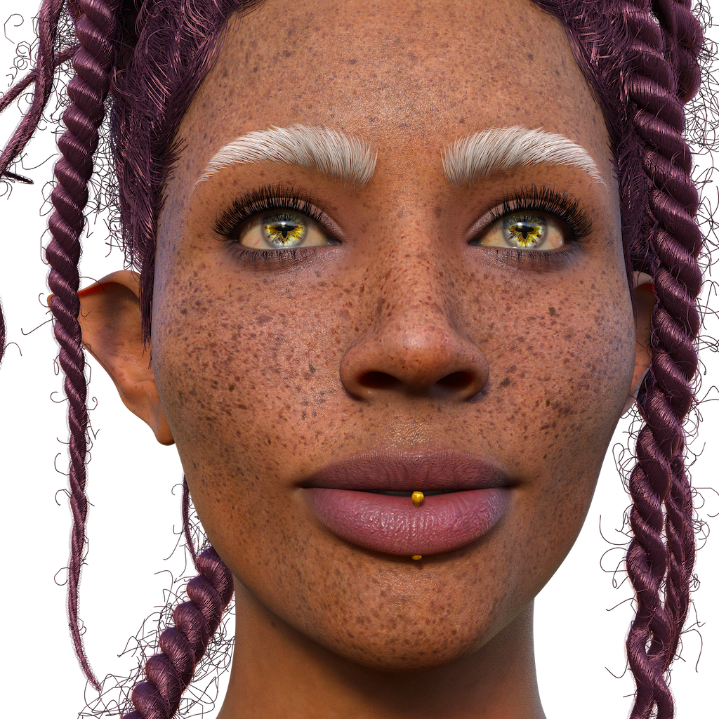 Close-up of a young woman with purple braids and white eyebrows, freckles, yellow-green eyes, and two piercings on her lower lip.