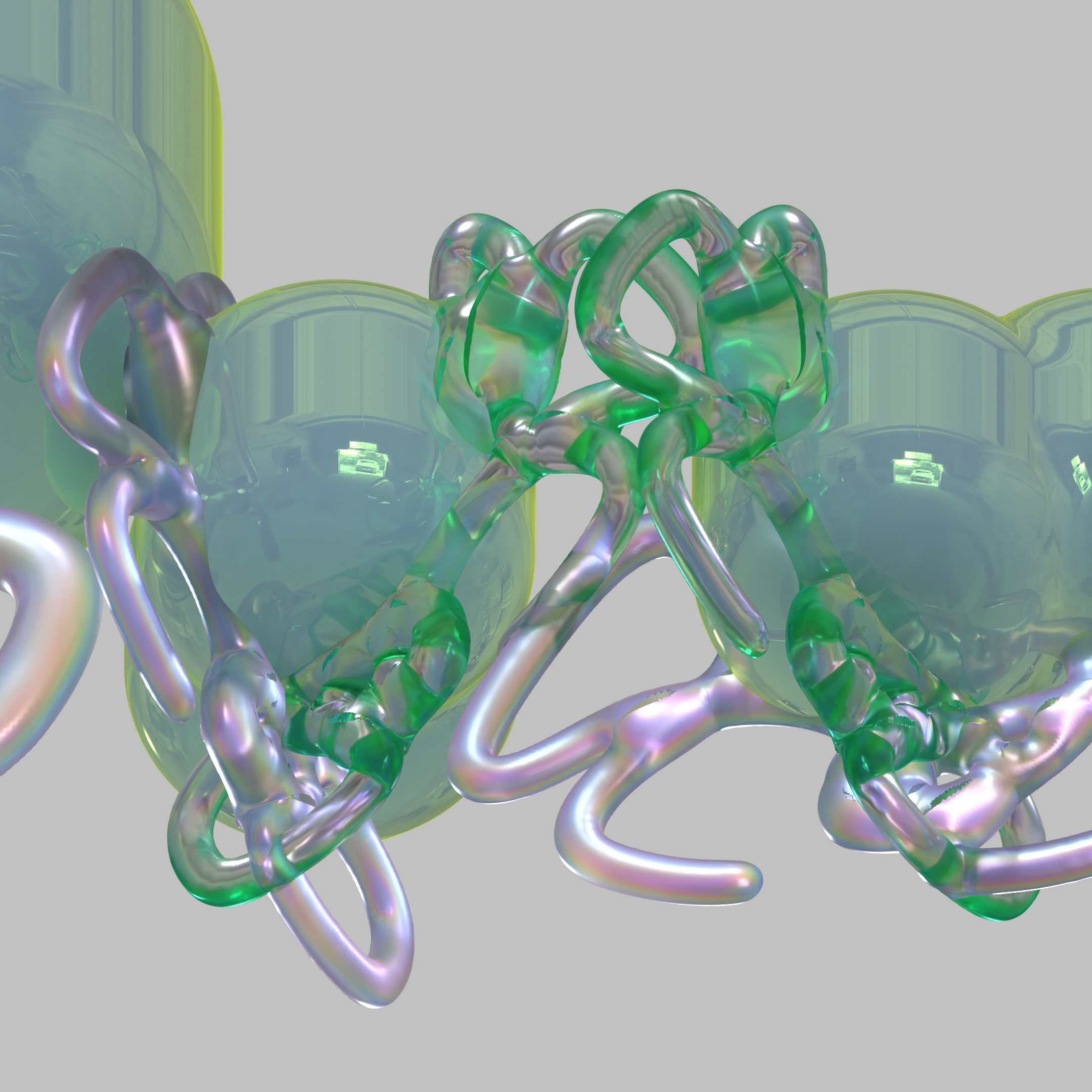 Abstract digital artwork featuring multicolored, iridescent twisted tubes on a gray background.