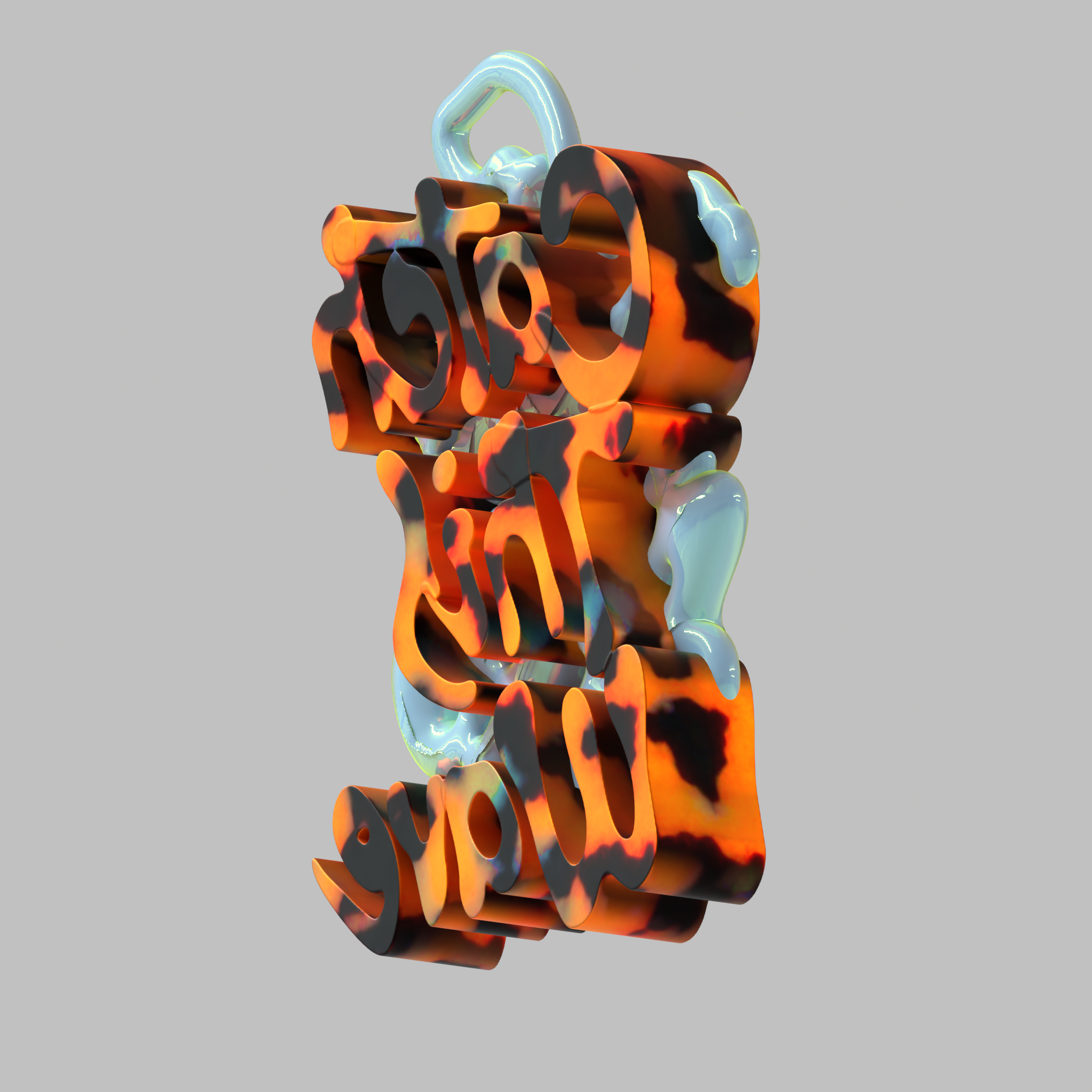 Close-up of a stylized revolver with a color pattern resembling tiger stripes, set against a gray background.