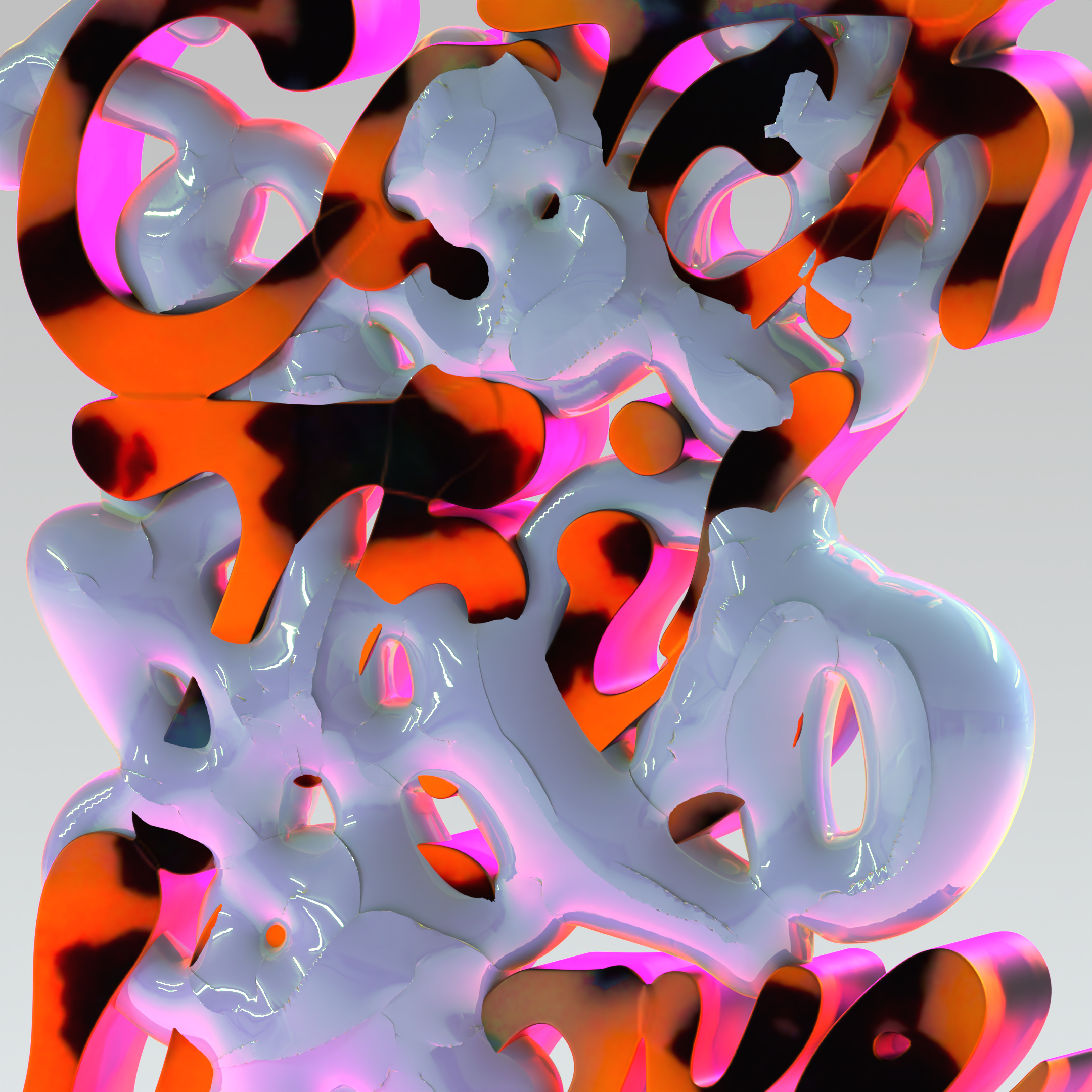Abstract digital art with swirling, interconnected shapes in orange, pink, black, and white, creating a complex, vibrant pattern.