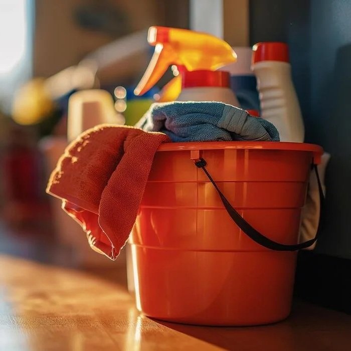 A red bucket filled with cleaning supplies such as spray bottles, cloths, and cleaning products, placed on a wooden surface.