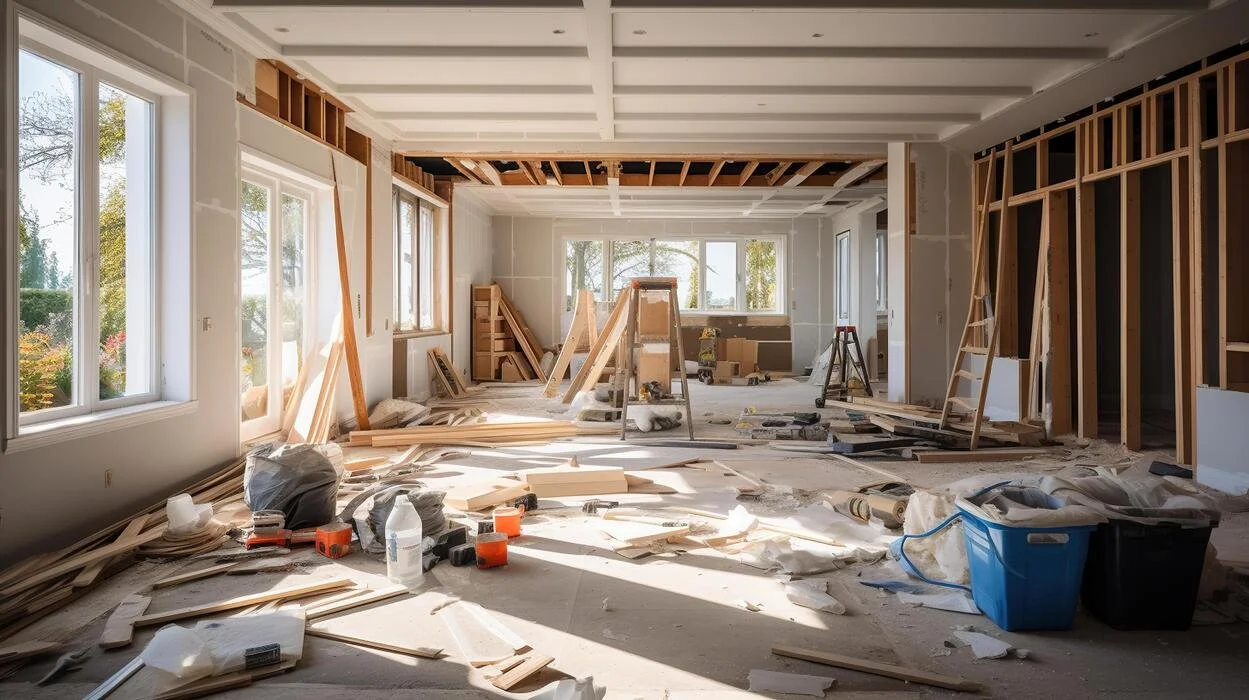 Interior view of a house under construction with exposed wooden framing, construction tools, and debris scattered across the floor.
