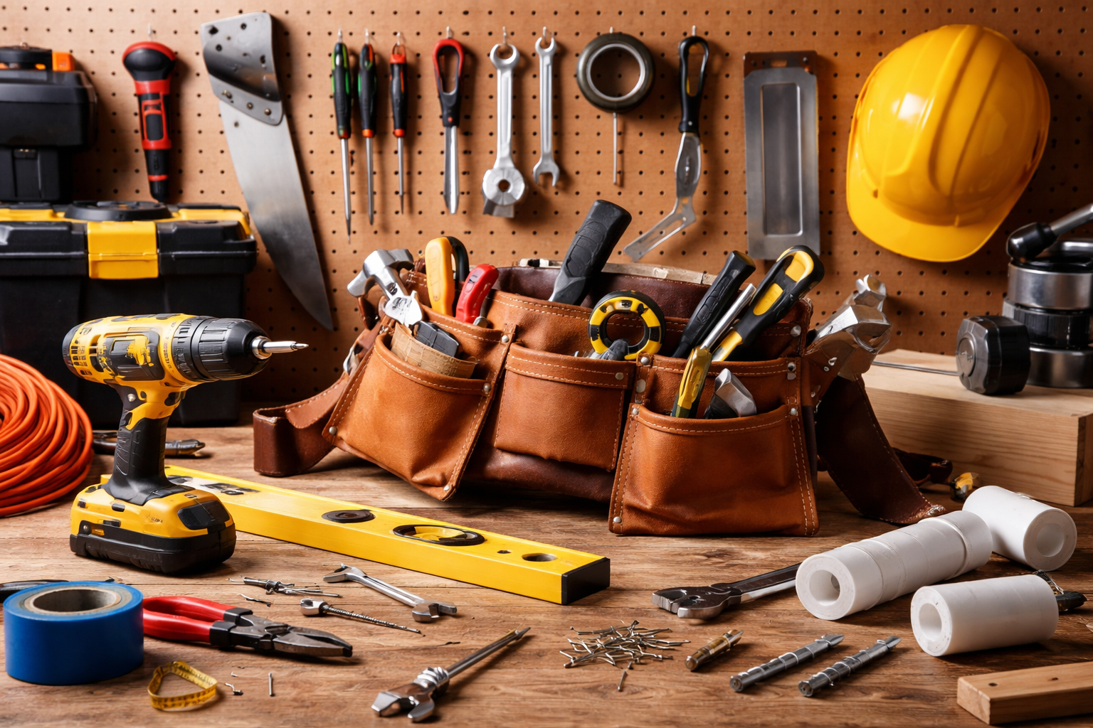 A workbench with various tools and equipment including a cordless drill, a tape measure, a level, pliers, screwdrivers, a yellow hard hat, a tool belt, and other hardware in a workshop setting.