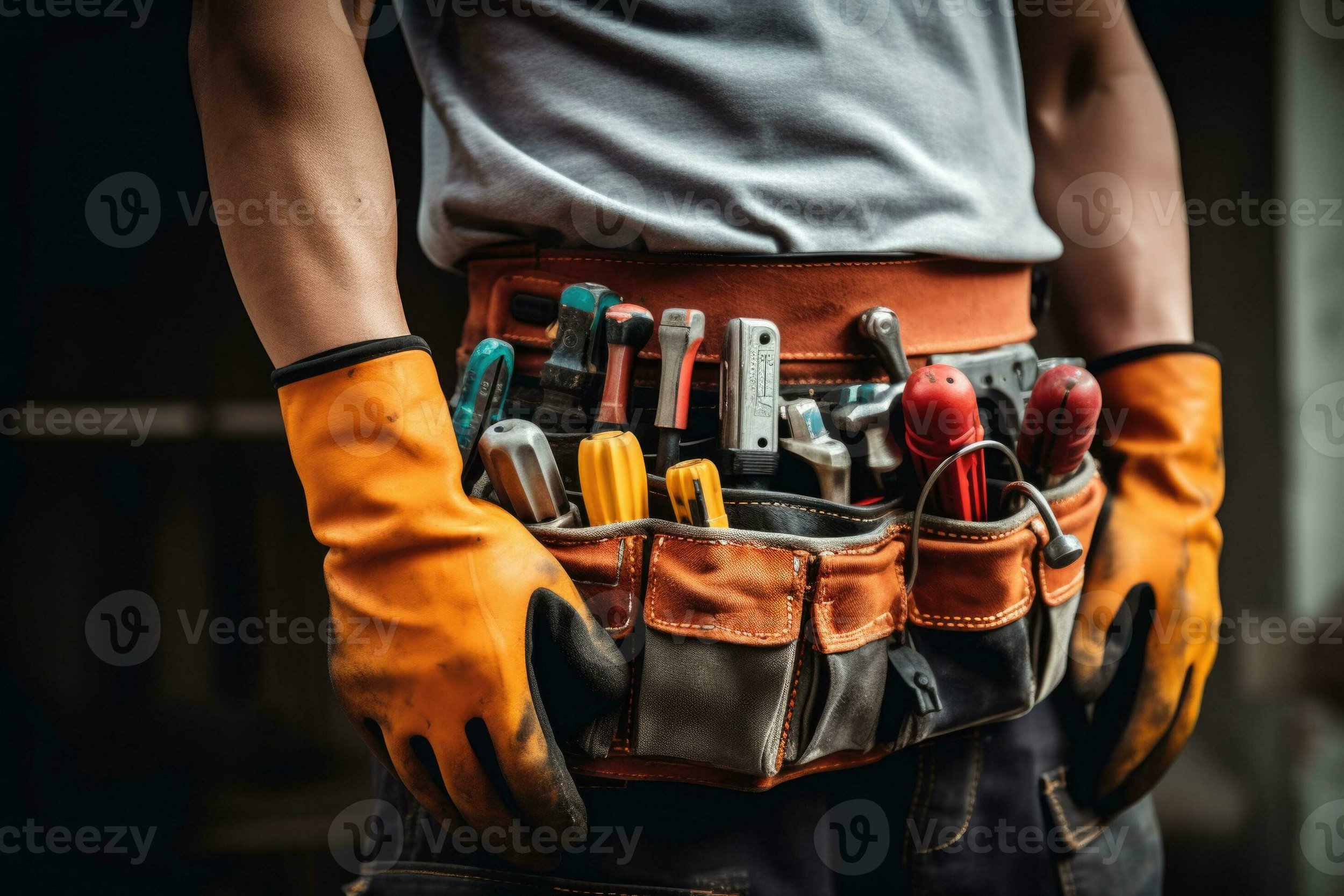 Close-up of a person wearing a tool belt filled with various hand tools, including screwdrivers, pliers, and a utility knife. The person is wearing orange gloves and a gray t-shirt.