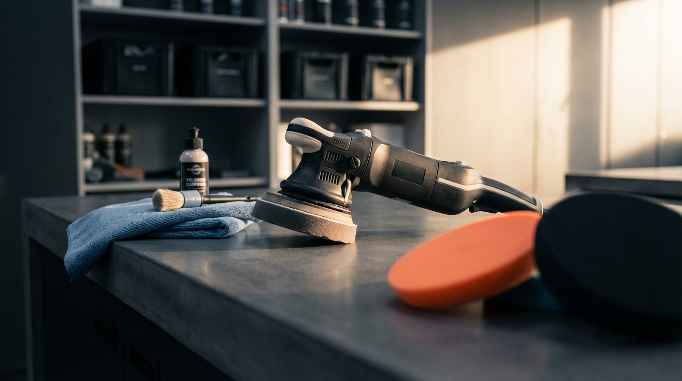 A countertop with polishing equipment, including an electric polisher, a sponge, a brush, and a bottle of polishing product, in a workshop or garage setting.