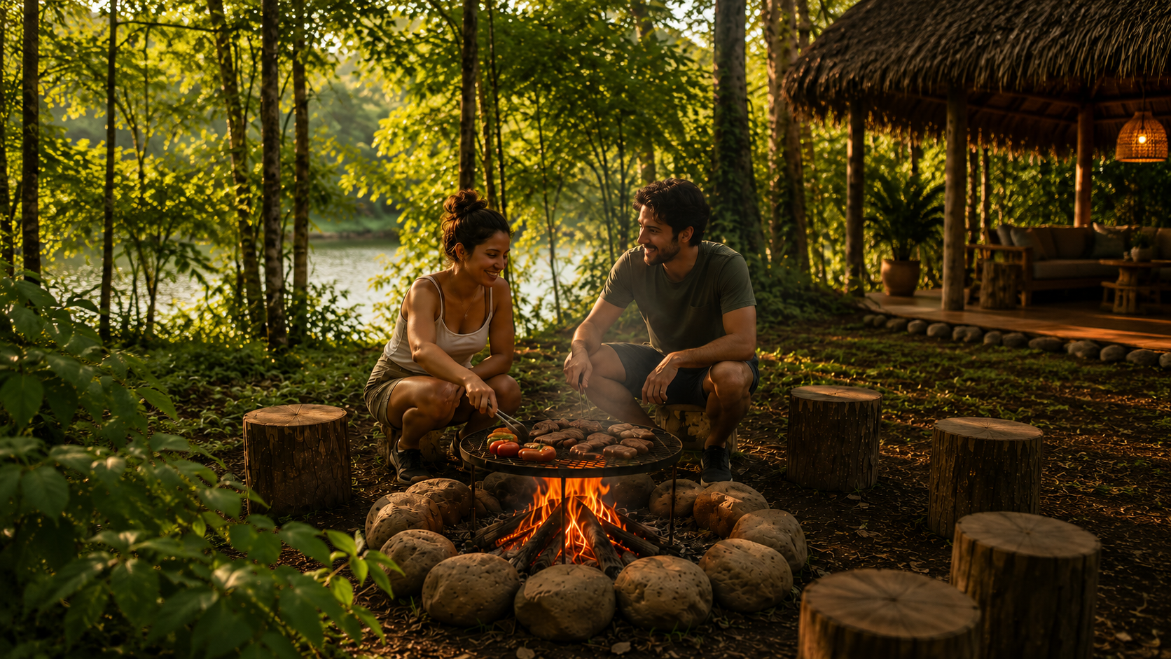 Un couple dort autour d'un feu de camp en forêt, en train de faire cuire des aliments, avec une cabane en bois en arrière-plan, entourée de nombreux arbres et une rivière à proximité.