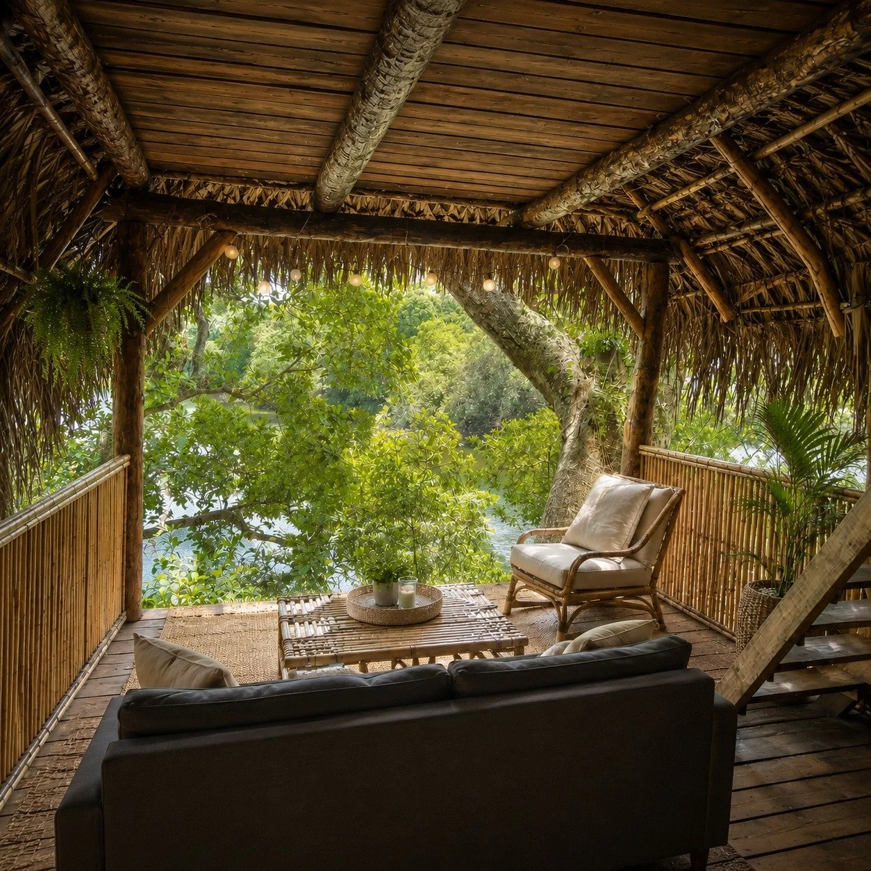 Terrasse en bois et bambou sous un toit en chaume, avec un mobilier confortable, entourée de verdure et donnant sur une vue de la nature avec des arbres et une rivière visible en arrière-plan.
