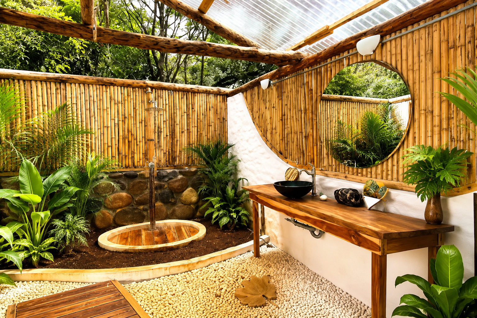 Une salle de bain extérieure avec un mur en bambou, un miroir rond, des plantes vertes, un lavabo noir et un mur en pierre, entourée de nature.
