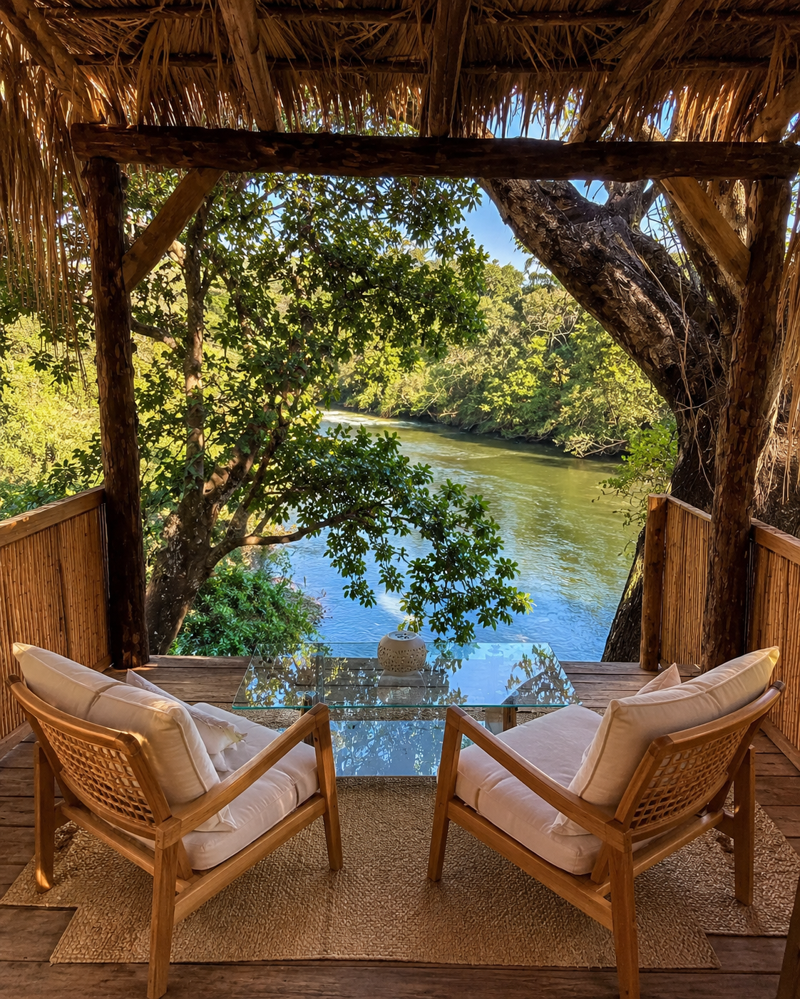 Terraza cubierta con vistas a un río cristalino en Veraguas
