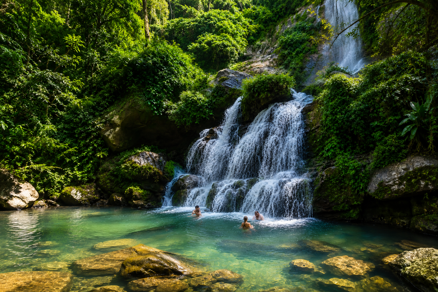 Bassin naturel avec cascade en pleine forêt, trois personnes nageant dans l'eau claire, entourée de rochers et de végétation luxuriante.