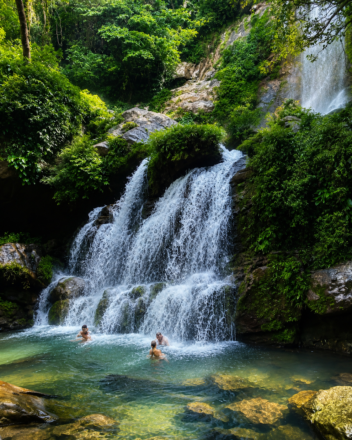 Une cascade d'eau dans une forêt verdoyante avec trois personnes nageant dans la rivière en-dessous.
