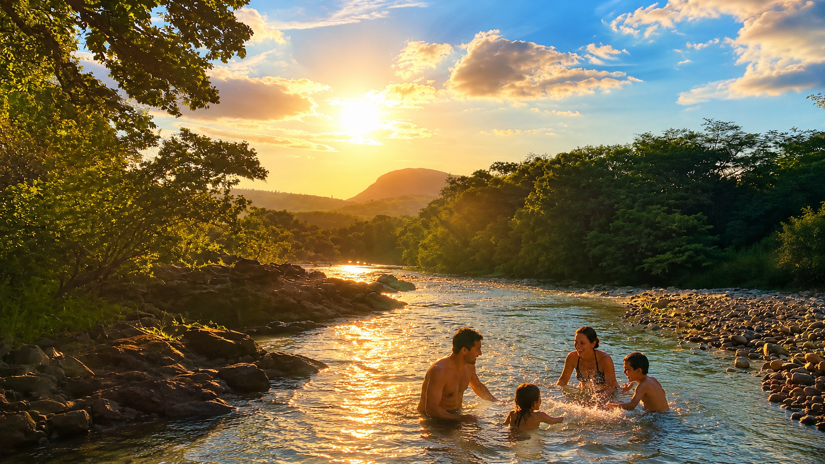 Une famille de quatre personnes, deux adultes et deux enfants, nageant dans une rivière au coucher du soleil, entourée de nature avec des arbres et des montagnes en arrière-plan.