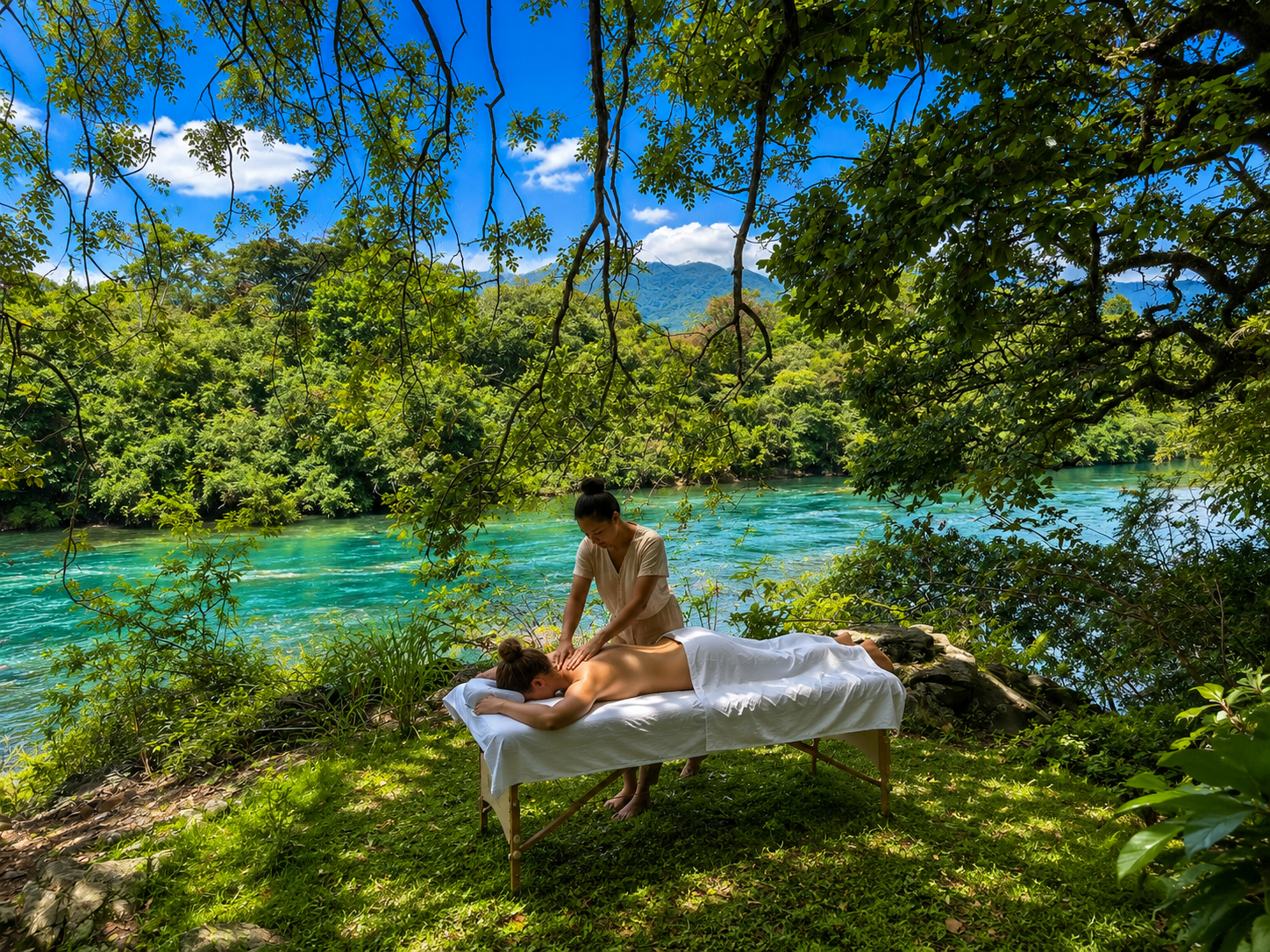 Une femme reçoit un massage sur une table de massage en plein air, près d'une rivière turquoise, entourée d'arbres et de verdure, avec un ciel bleu et des montagnes en arrière-plan.