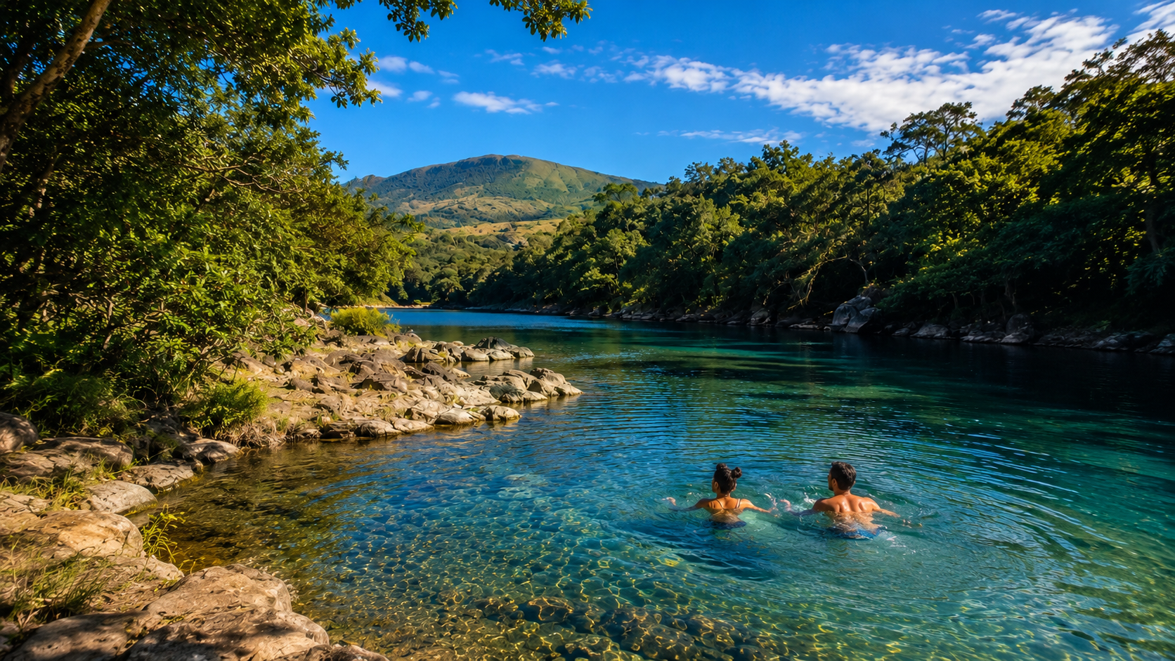 Deux enfants nageant dans une rivière entourée de verdure, avec des montagnes en arrière-plan et un ciel bleu avec quelques nuages.