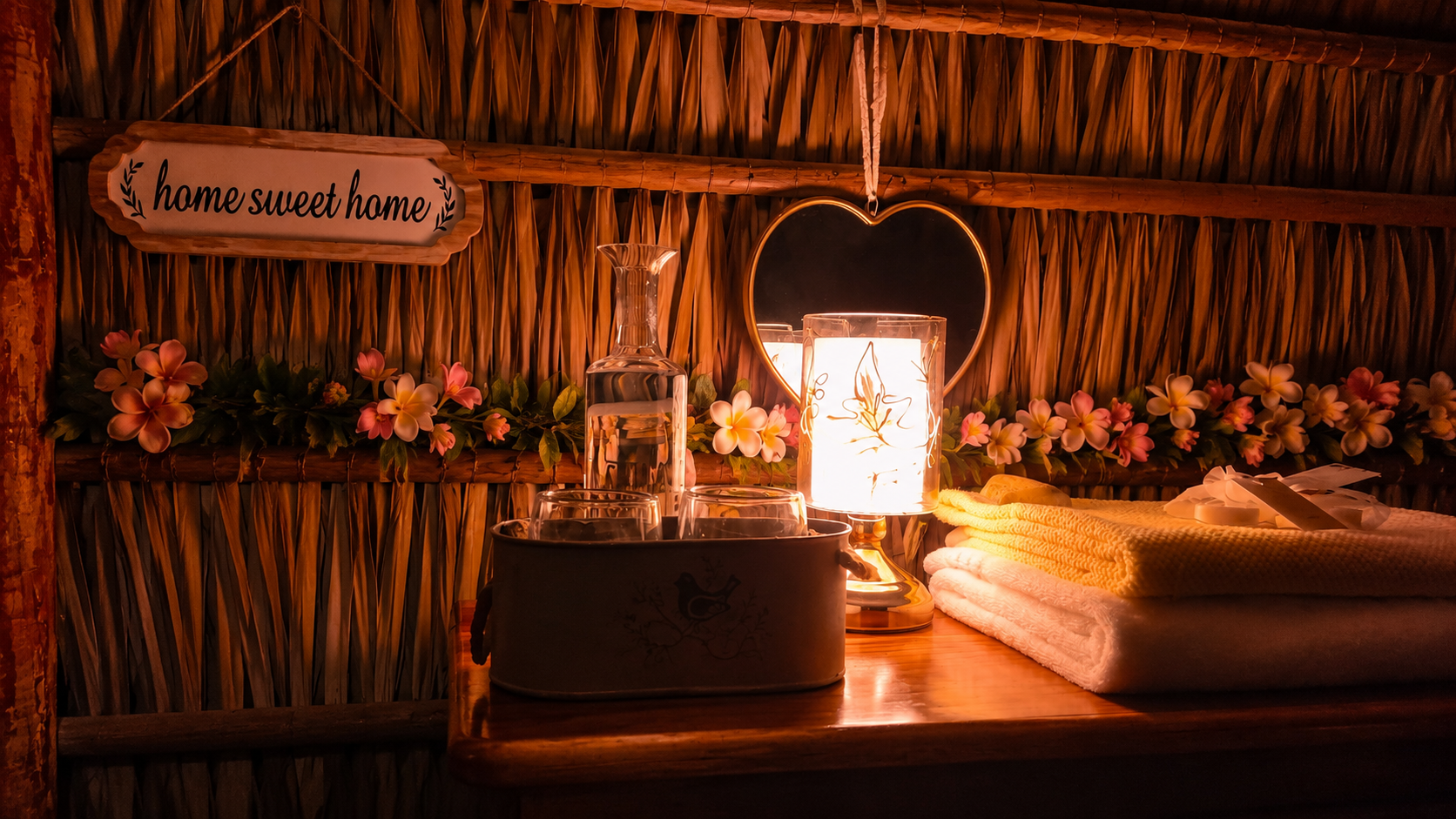 Une table en bois avec une lampe à lumière chaude, une bouteille en verre, des verres, des serviettes pliées, des fleurs artificielles, un miroir en forme de cœur et une enseigne en bois avec l'inscription 'home sweet home'.