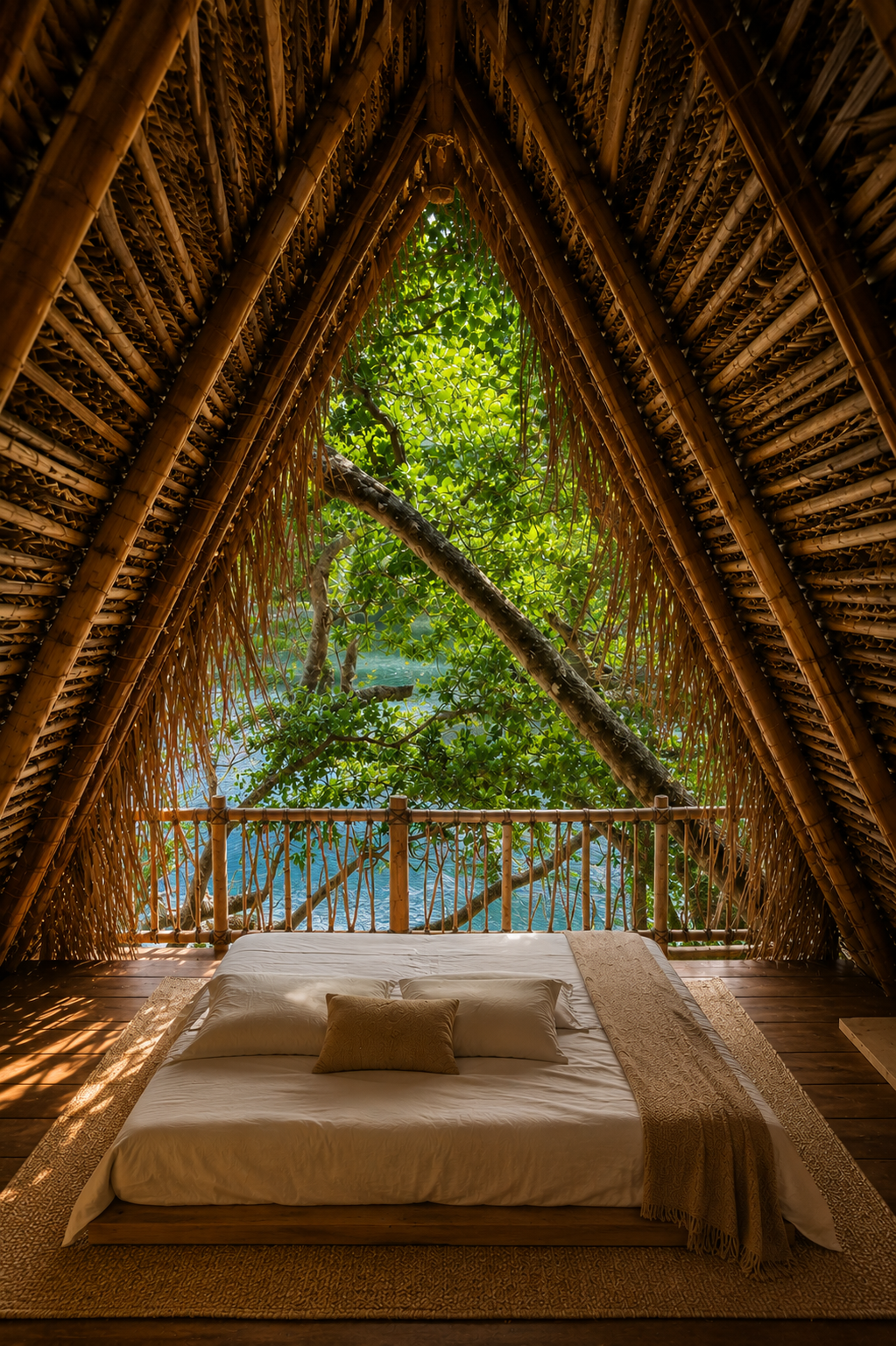 Un lit dans une cabane en bois et en bambou, face à une vue sur la nature avec des arbres et de l'eau.