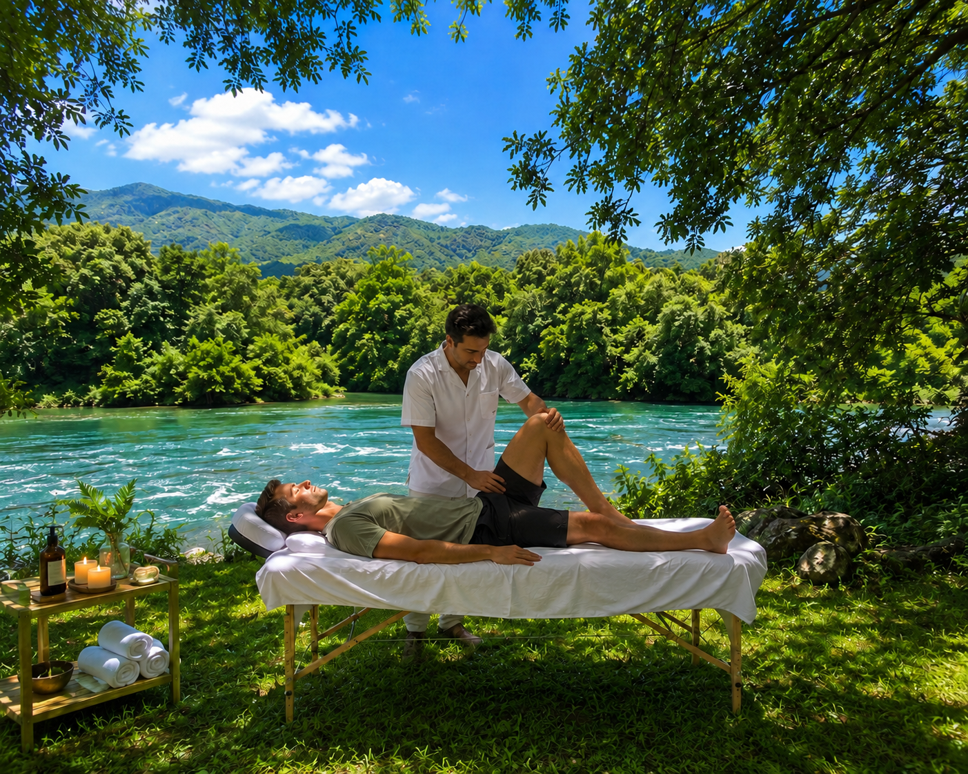 Une personne reçoit un massage sur une table en plein air au bord d'une rivière entourée de paysages verdoyants et de montagnes, avec un ciel bleu clair.