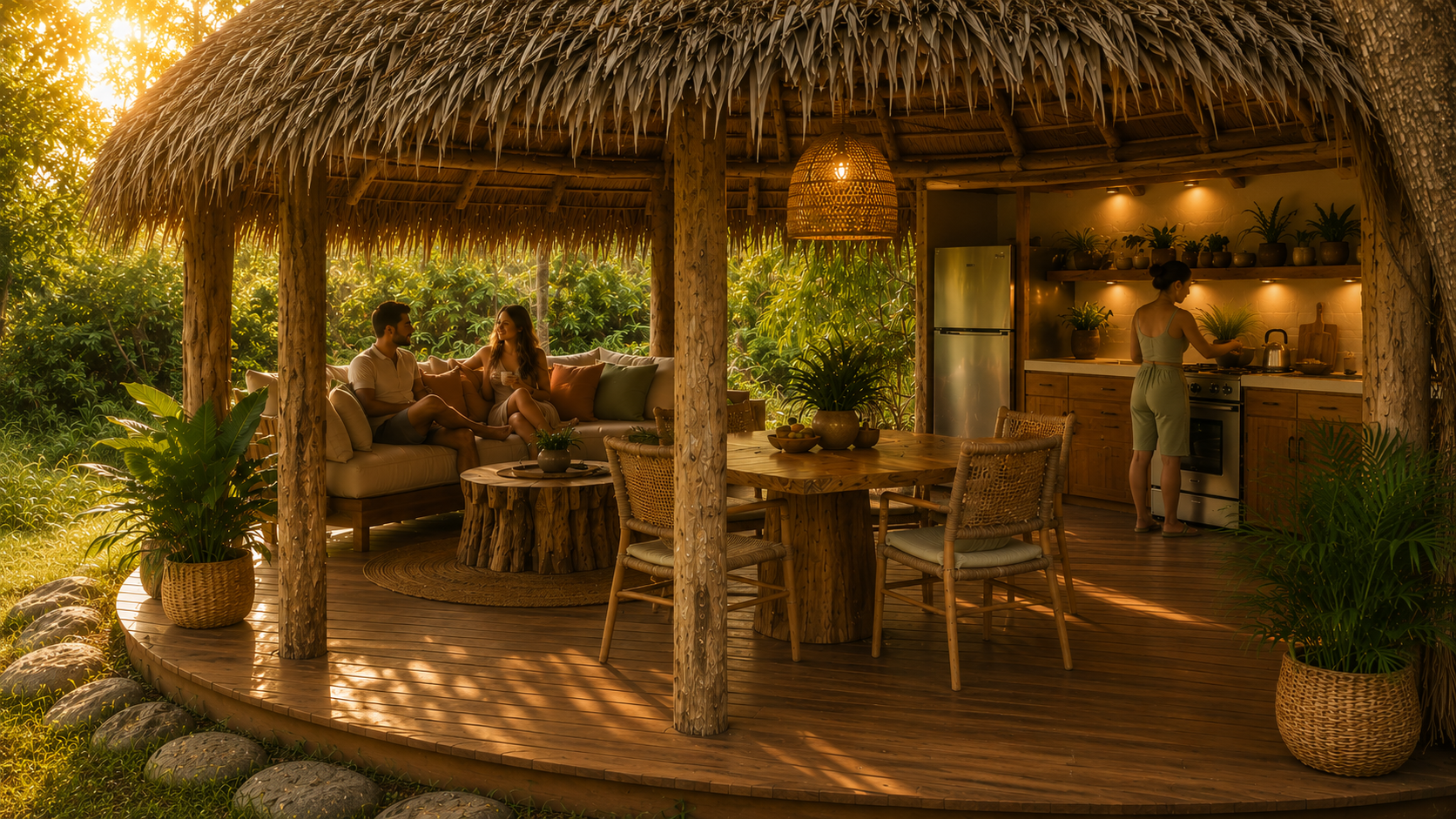 Une véranda en bois avec un plafond en thatch, où un couple est assis sur un canapé extérieur, discutant. En arrière-plan, une cuisine en bois avec une femme qui prépare quelque chose. La véranda est décorée avec des plantes en pot, une table ronde en bois, et un éclairage chaleureux.