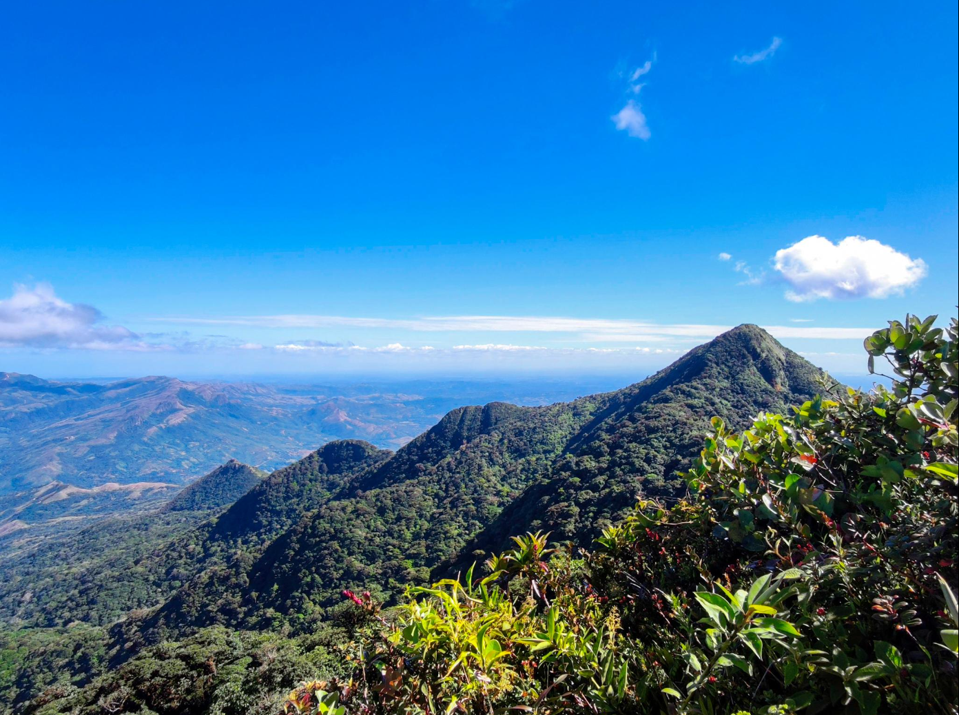 Paysage de montagnes verdoyantes sous un ciel bleu avec quelques nuages.