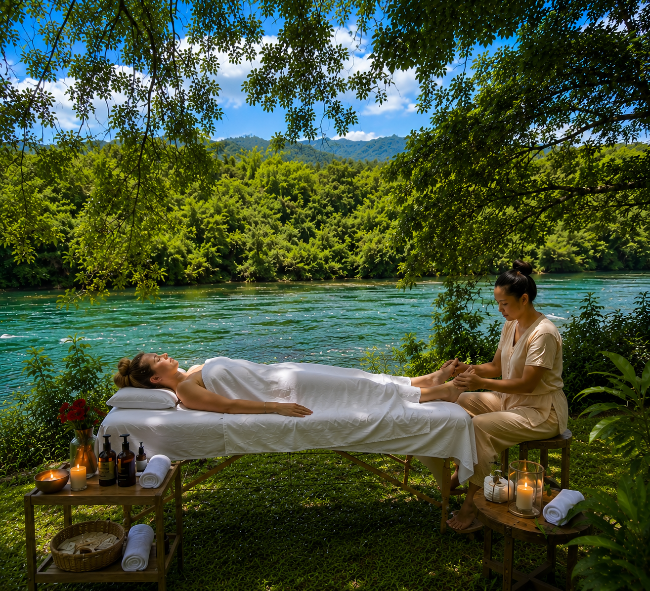Une personne reçoit un soin des pieds en plein air, près d'une rivière entourée de verdure, sous un arbre, avec des bougies et des huiles essentielles à proximité.