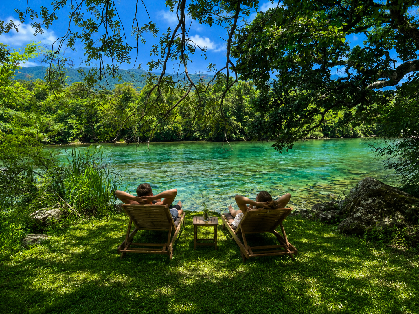 Deux personnes détendues en chaise longue à côté d'un lac entouré de nature luxuriante, sous un ciel bleu ensoleillé.